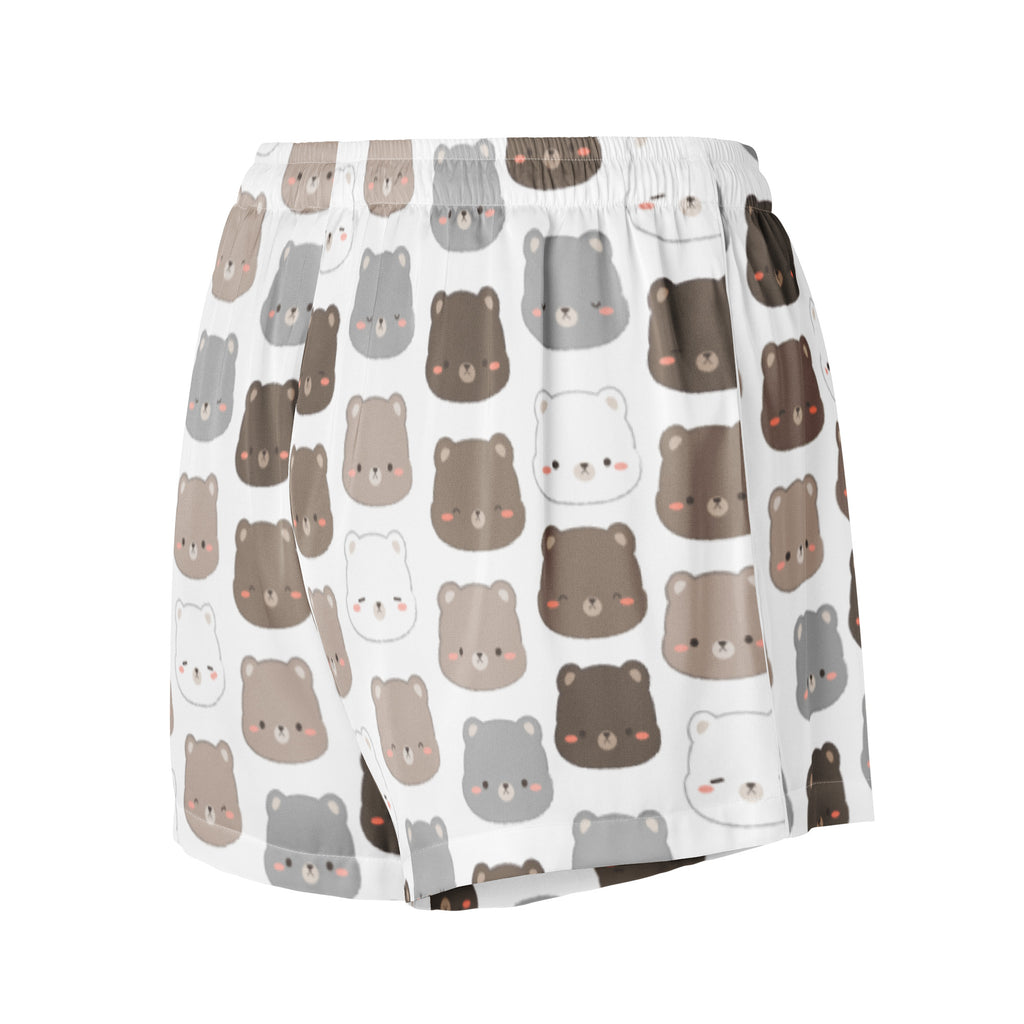 White women’s bear silky pajama shorts with lightweight relaxed fit and drawstring waist featuring playful bear pattern