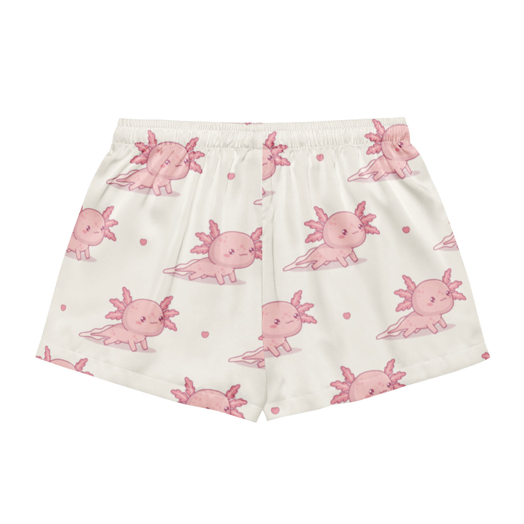 Women’s cream-colored silky pajama shorts with pink axolotl print lightweight relaxed fit and drawstring waist