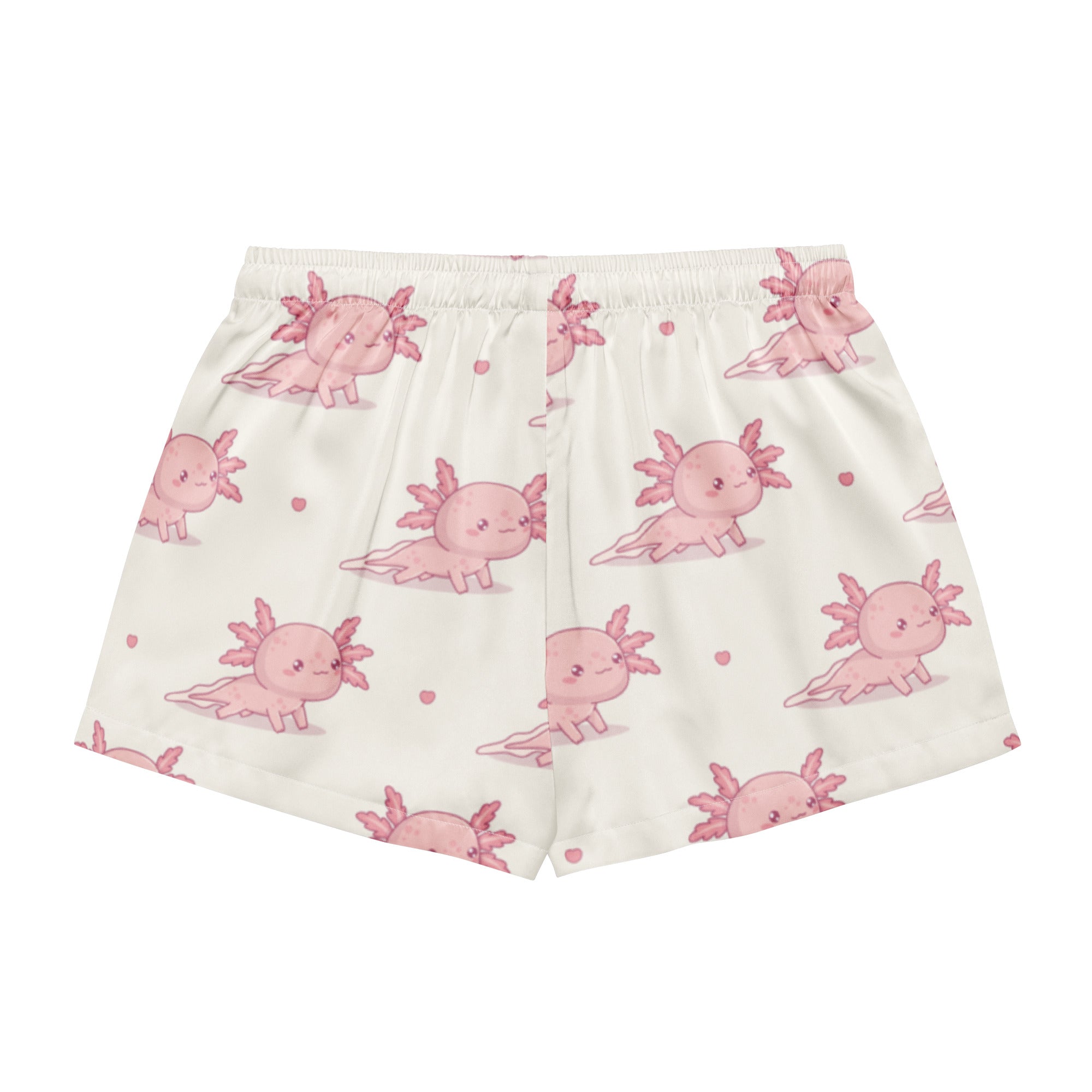 Women’s cream-colored silky pajama shorts with pink axolotl print lightweight relaxed fit and drawstring waist