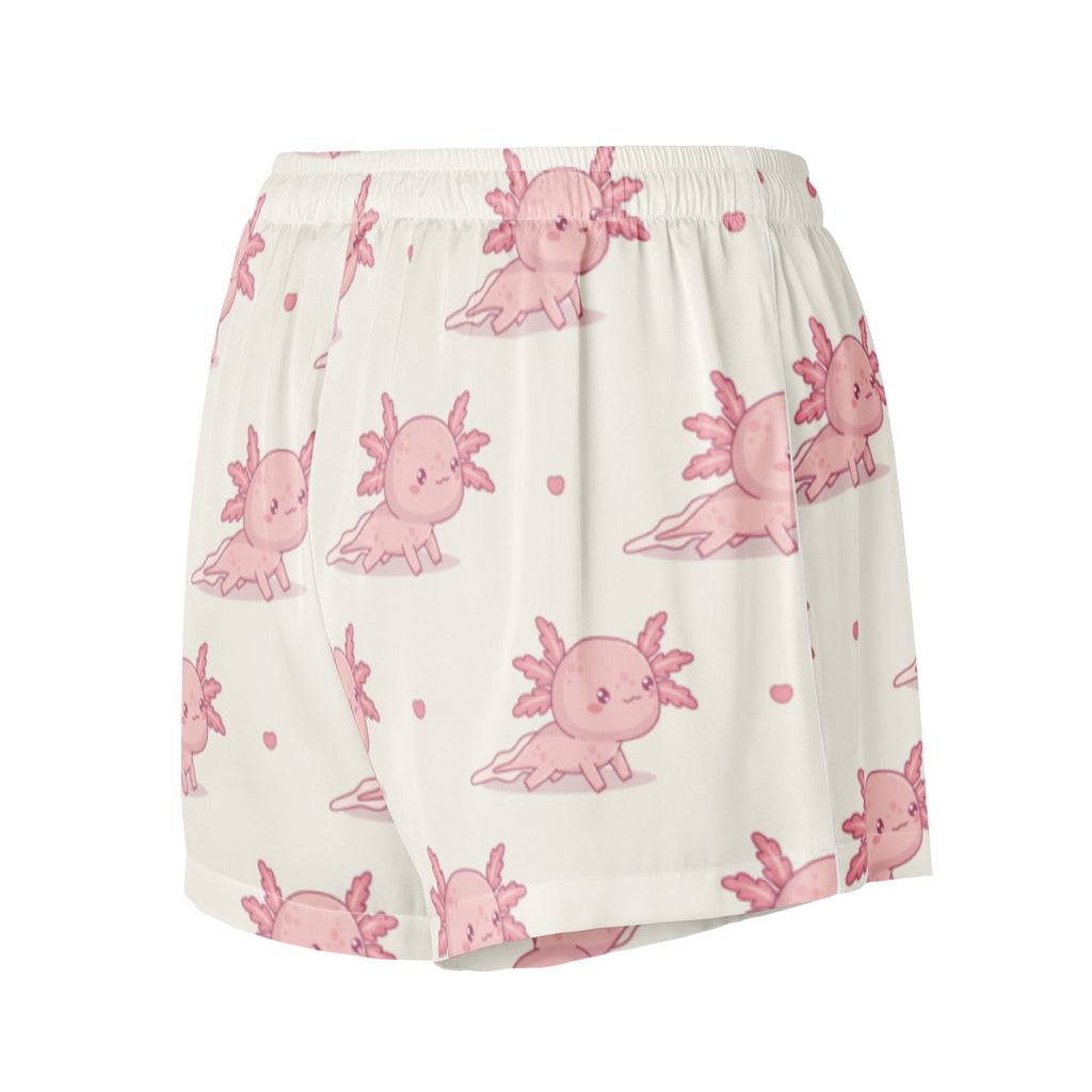 Cream-colored silky women’s pajama shorts with pink axolotl pattern lightweight relaxed fit drawstring waist