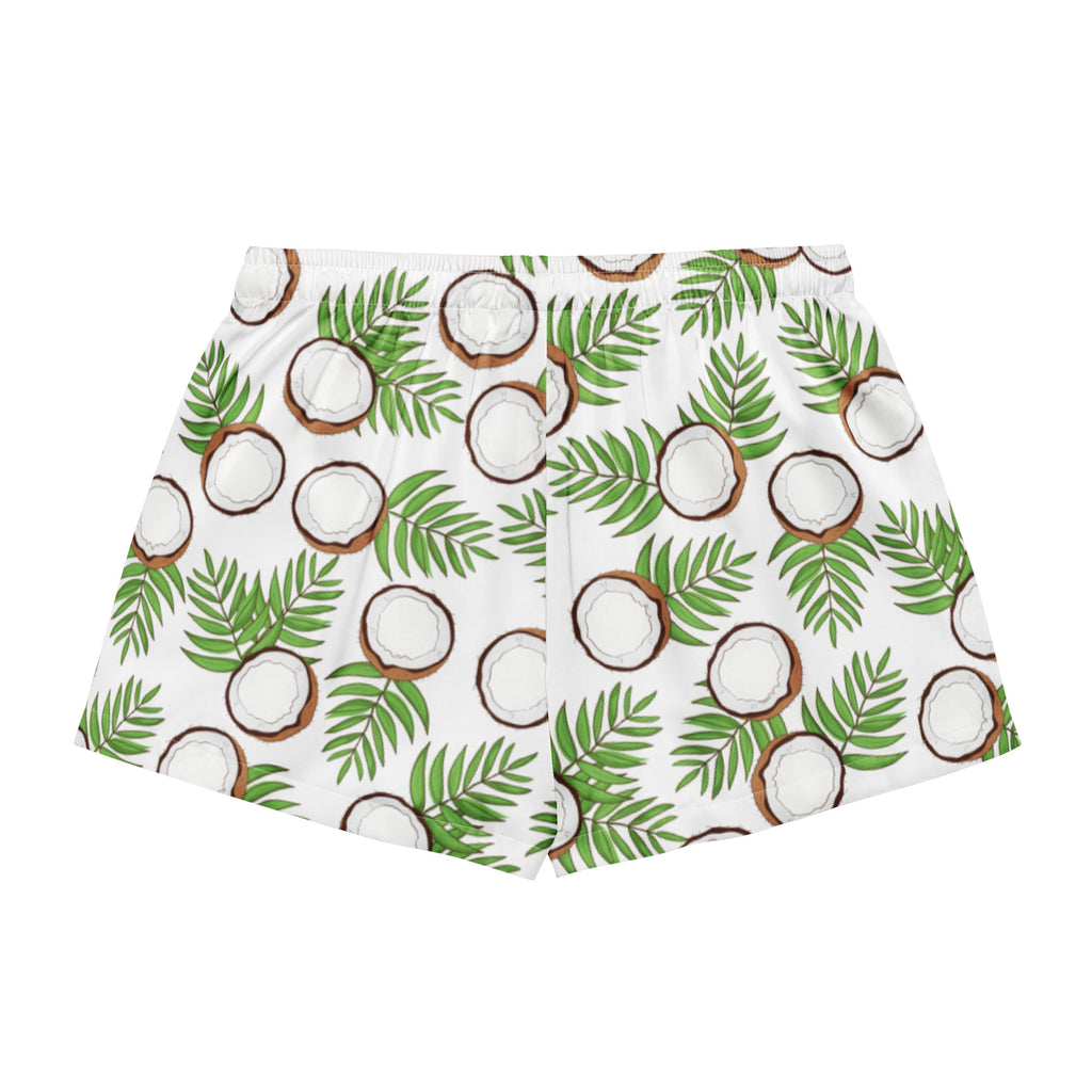 White women’s silky pajama shorts with coconut and palm leaf pattern lightweight relaxed fit with drawstring waist