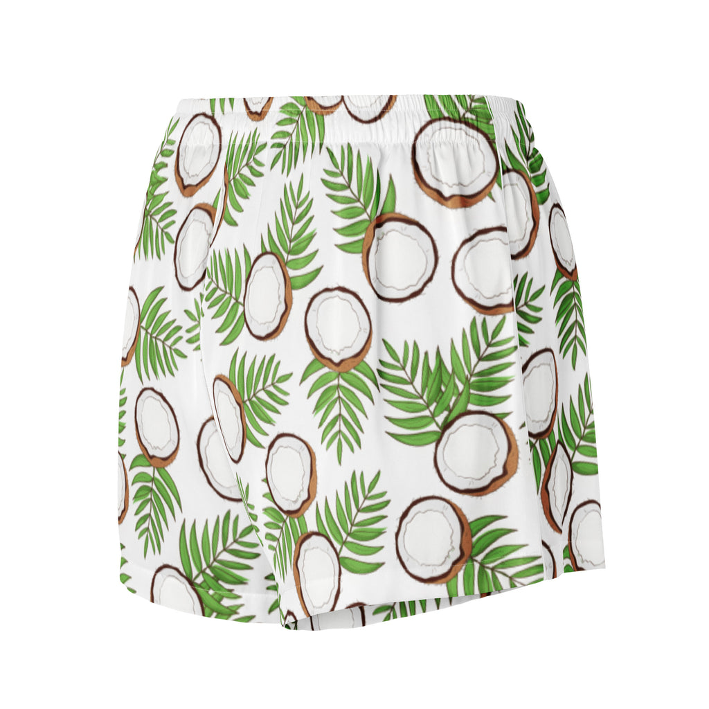 White silky pajama shorts with tropical coconut and palm leaf pattern featuring lightweight relaxed fit and drawstring waist
