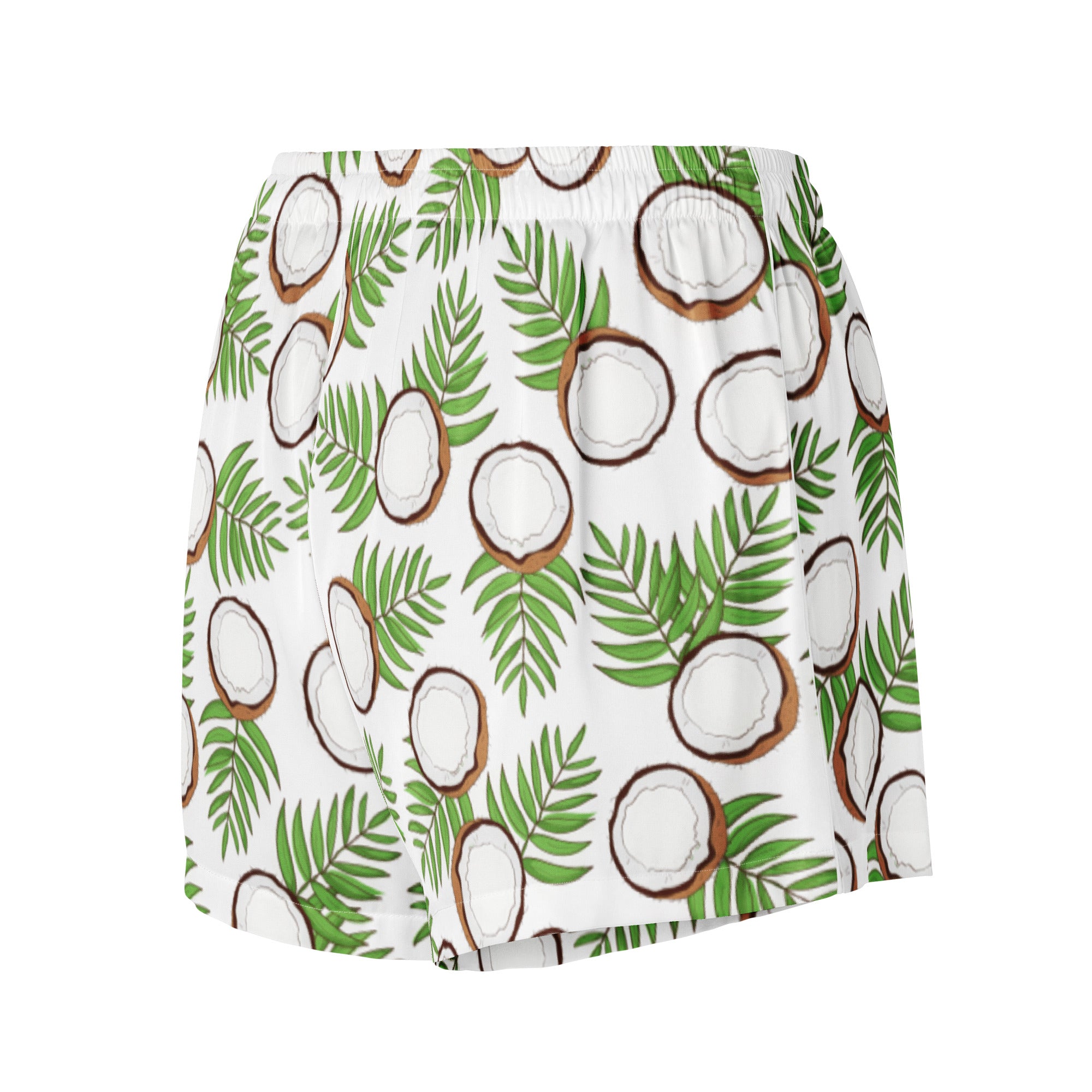 White silky pajama shorts with tropical coconut and palm leaf pattern featuring lightweight relaxed fit and drawstring waist