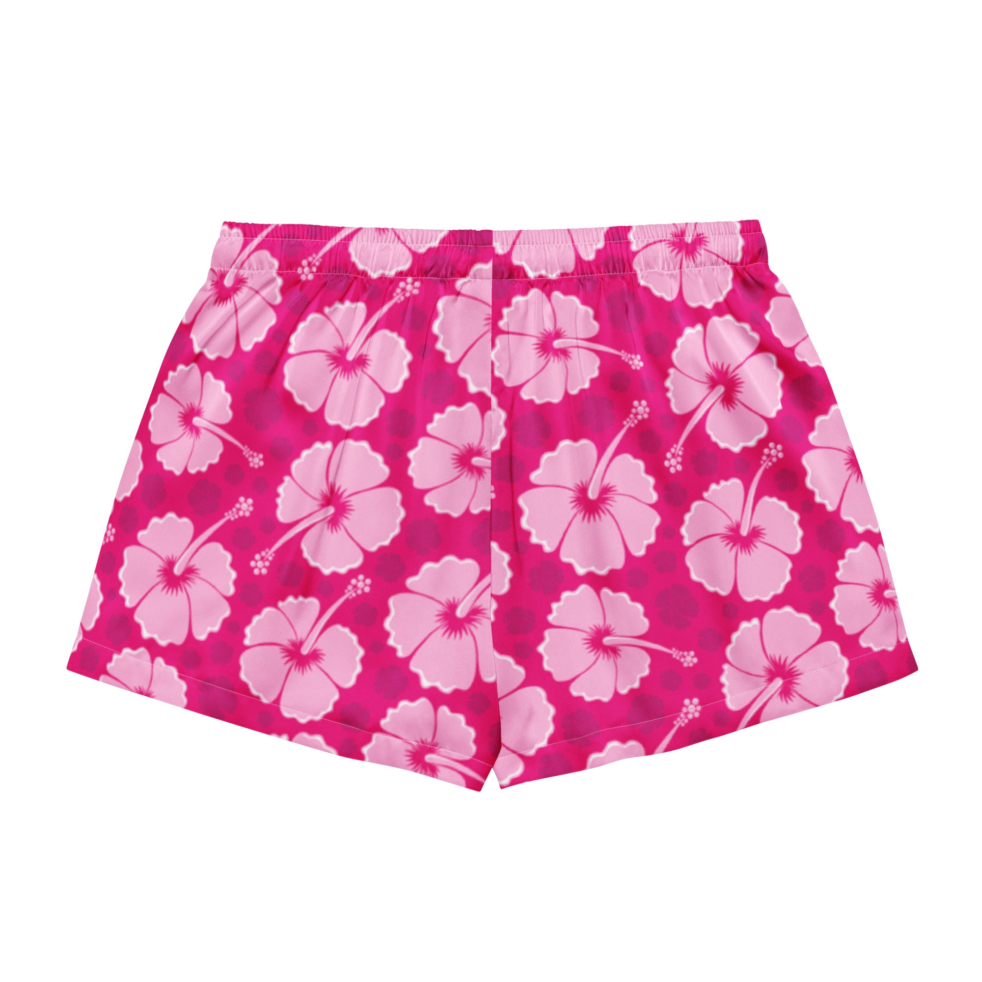 Women’s bright pink silky pajama shorts with a repeating hibiscus pattern and lightweight relaxed fit with drawstring waist