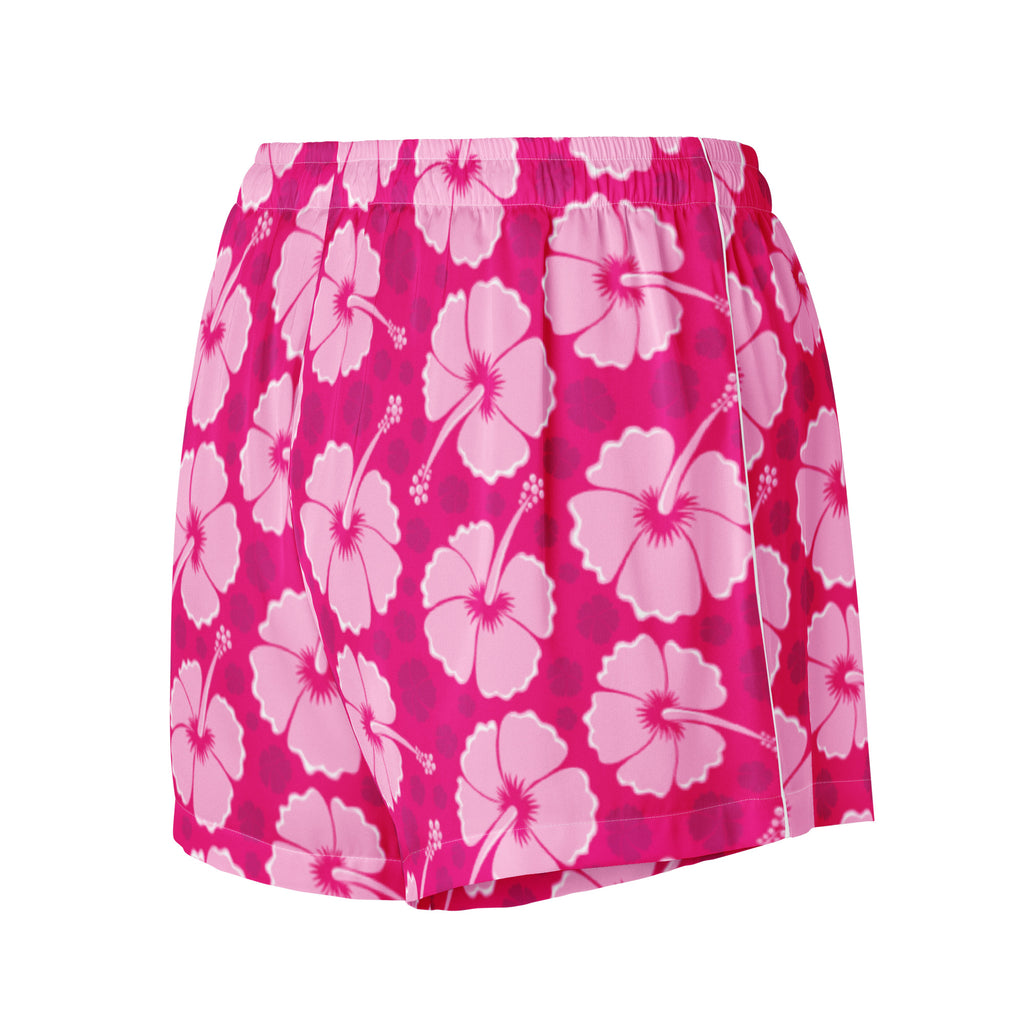 Women’s pink hibiscus silky pajama shorts with lightweight flowing fabric and bold floral pattern with drawstring waist