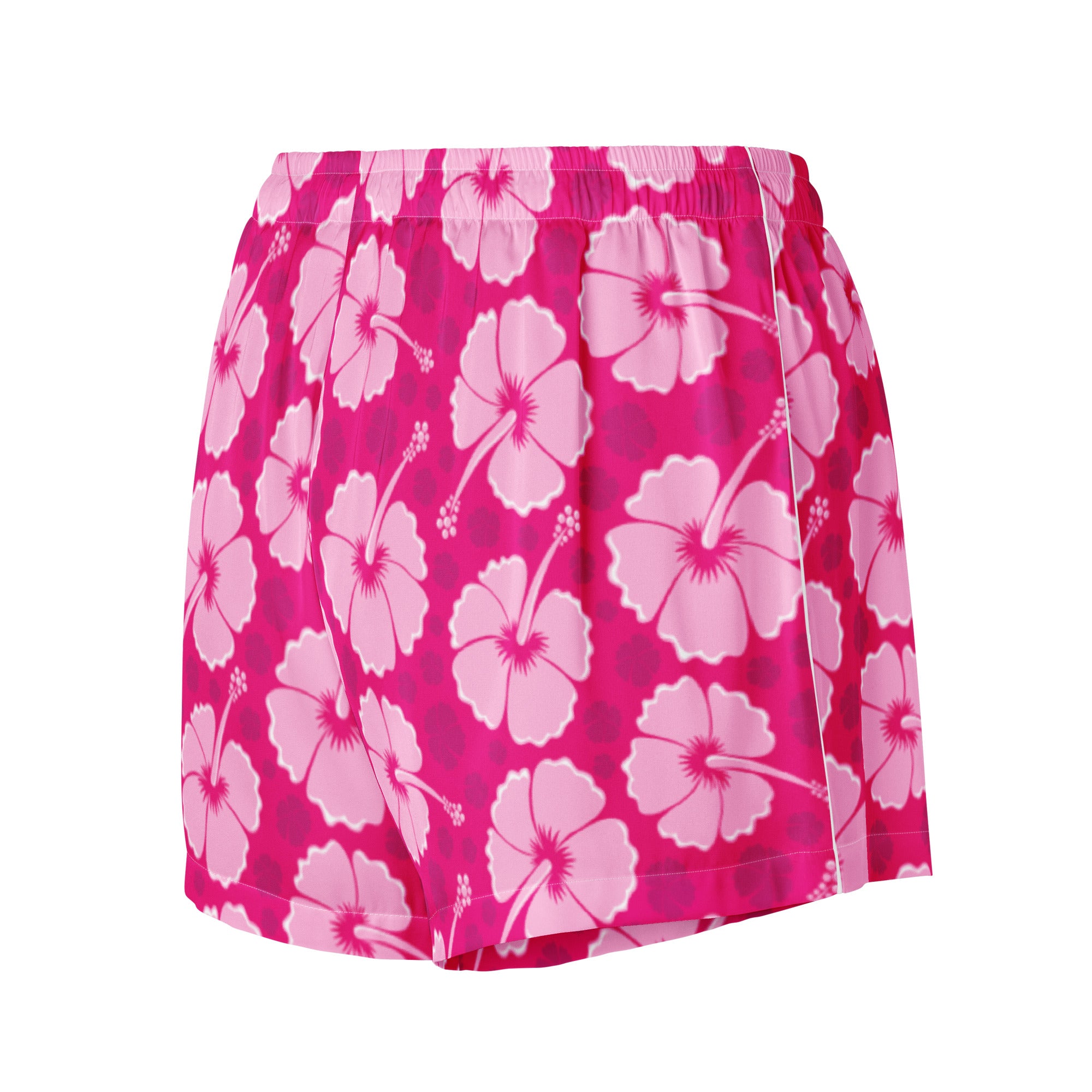Women’s pink hibiscus silky pajama shorts with lightweight flowing fabric and bold floral pattern with drawstring waist