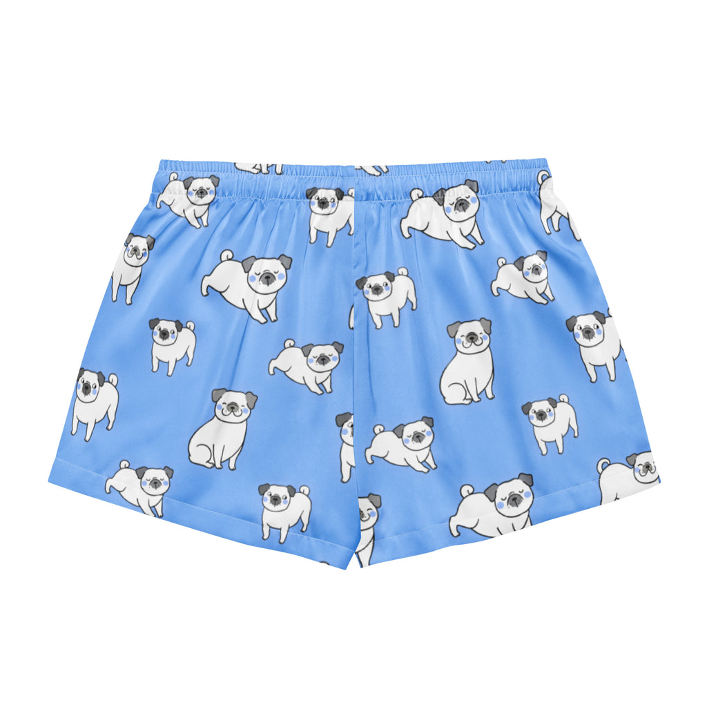 Women’s light blue silky pajama boxer shorts with white pug pattern black ears and nose lightweight relaxed fit