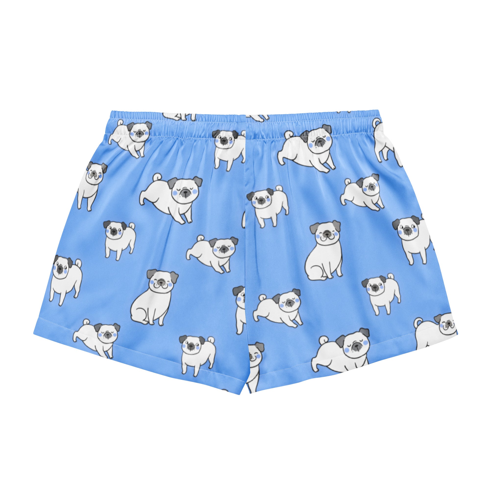 Women’s light blue silky pajama boxer shorts with white pug pattern black ears and nose lightweight relaxed fit