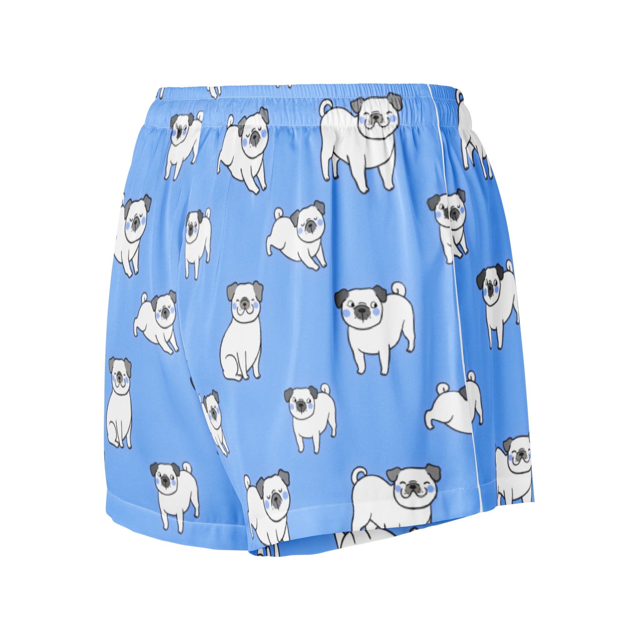 Women’s blue silky pajama shorts with lightweight relaxed fit and drawstring waist featuring white pugs pattern