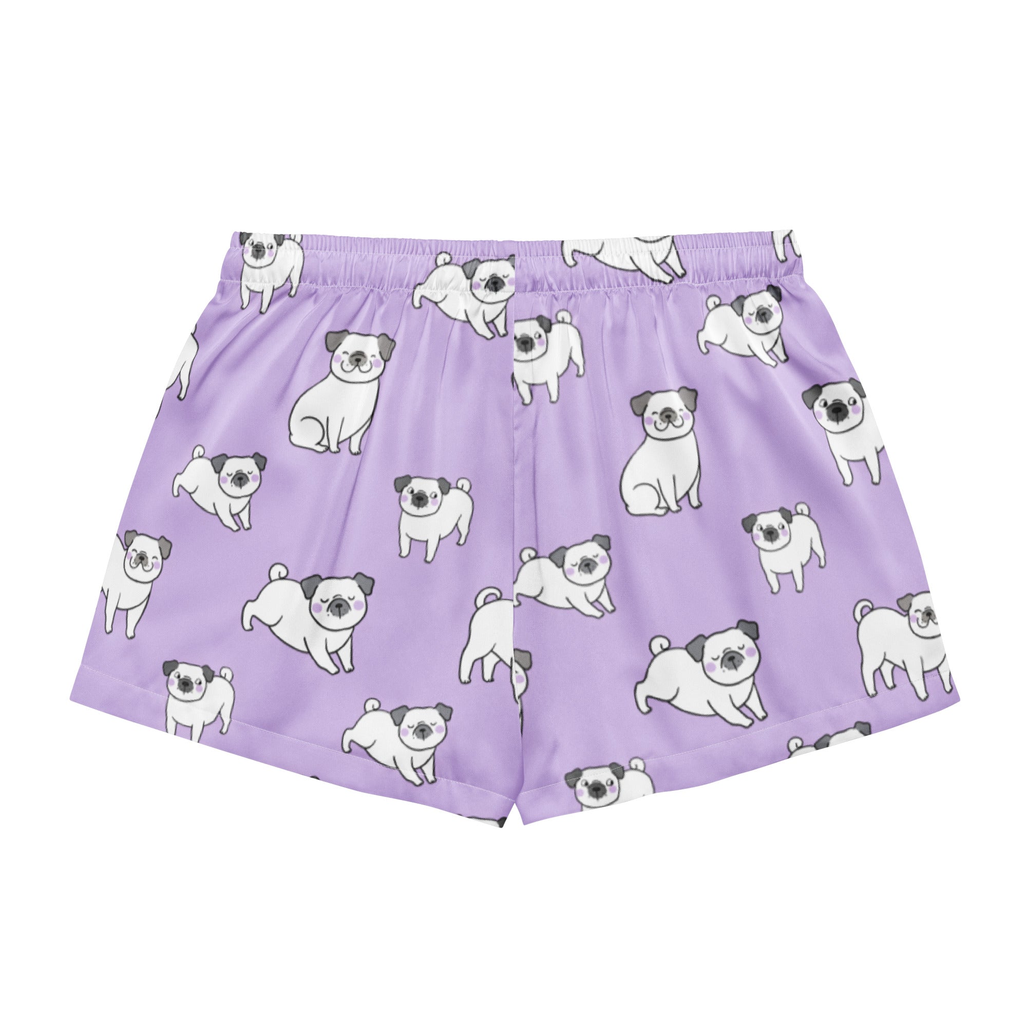 Women’s purple silky pajama shorts featuring a playful white pug pattern with black ears and noses and a drawstring waist