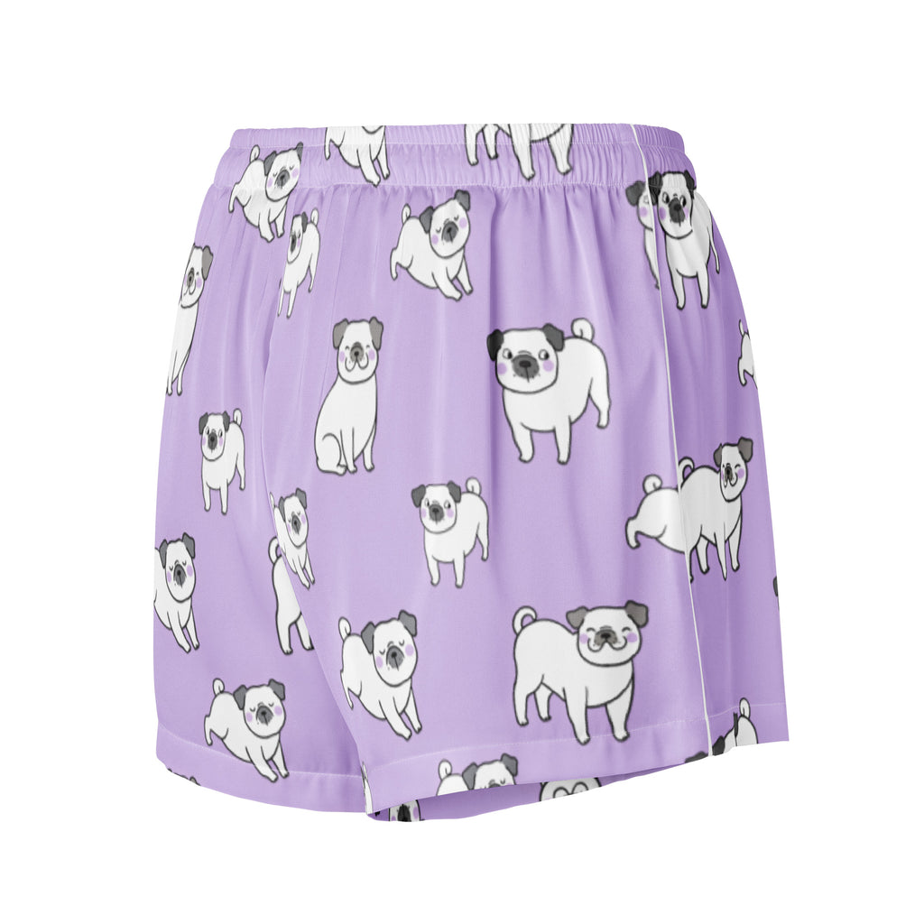 Women’s purple silky pajama shorts with a playful white pug pattern black ears and nose lightweight relaxed fit