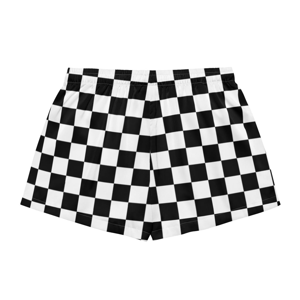 Women’s lightweight silky pajama shorts in black and white checkered pattern with elastic drawstring waistband