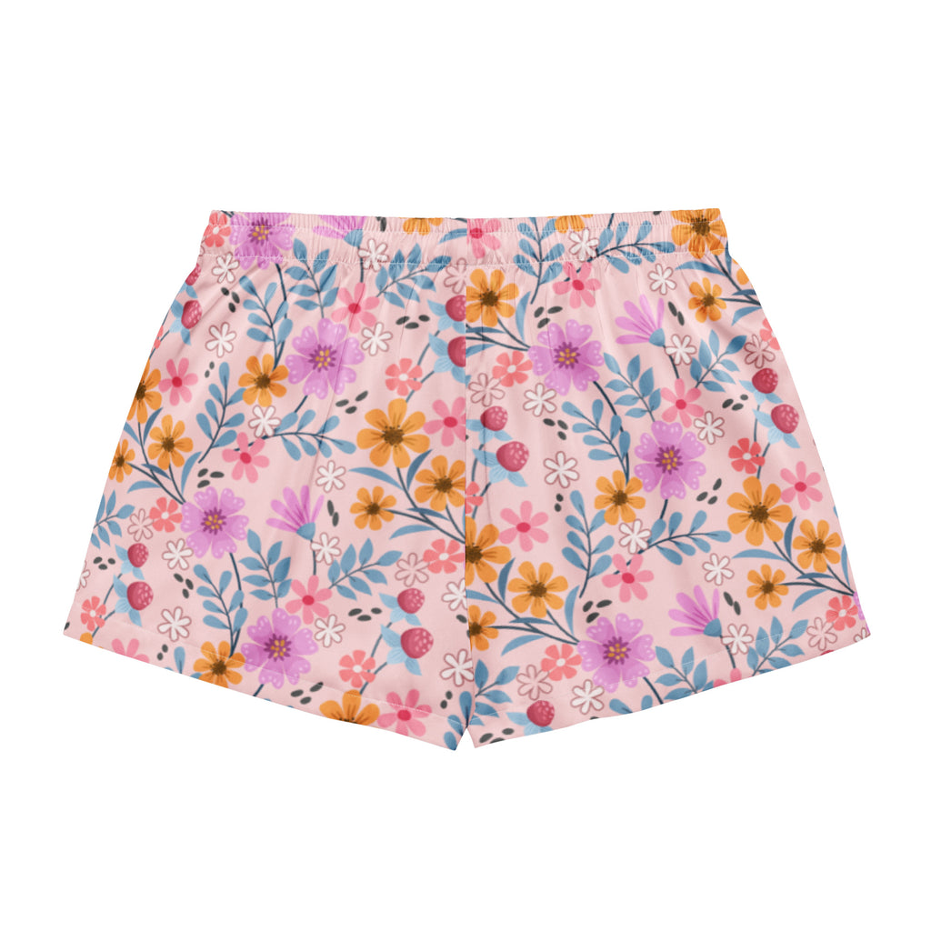 Women’s pink floral silky pajama shorts with vibrant purple orange and pink flowers blue leaves and drawstring waist