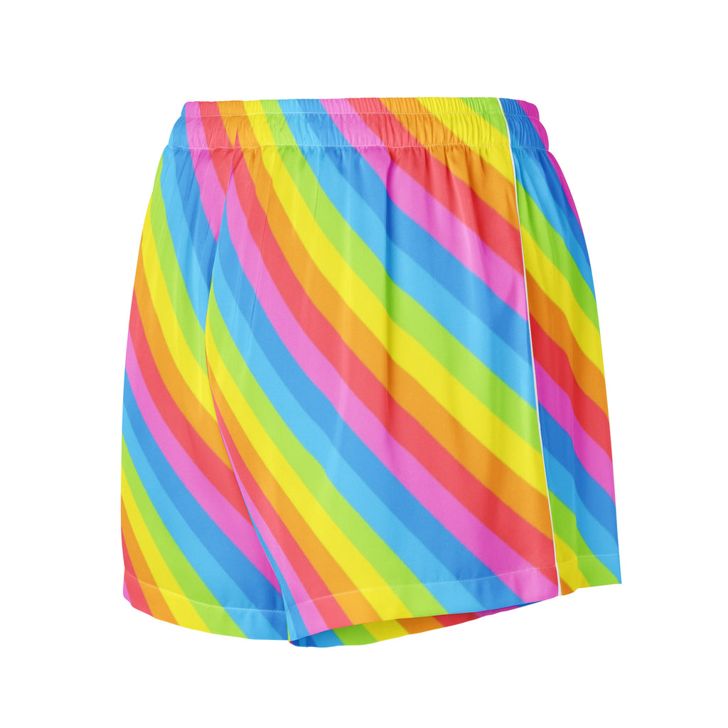 Women’s Rainbow Stripe Silky Pajama Shorts – Lightweight Relaxed Fit with Drawstring Waist