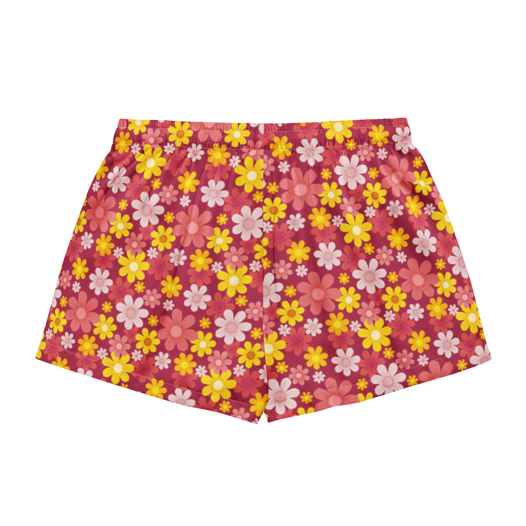 Women’s red floral silky pajama shorts with yellow pink white flowers on magenta lightweight relaxed fit with drawstring waist