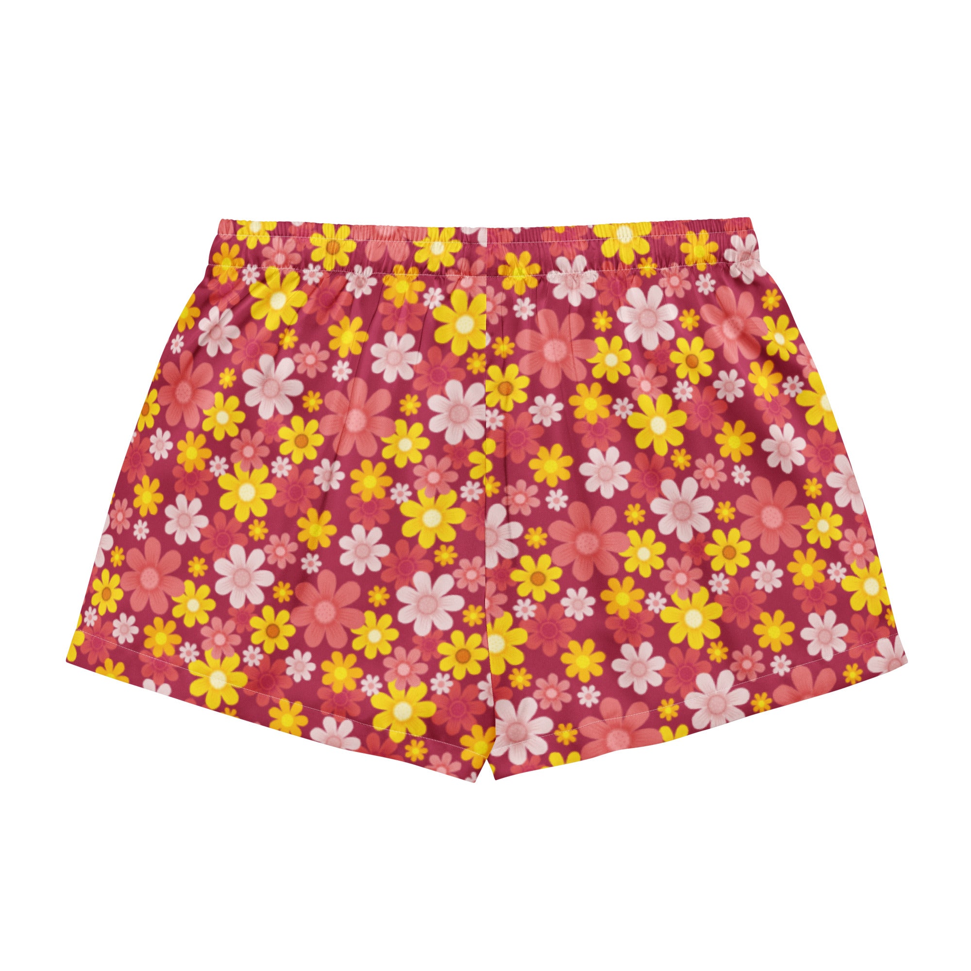 Women’s red floral silky pajama shorts with yellow pink white flowers on magenta lightweight relaxed fit with drawstring waist