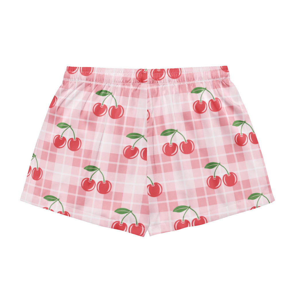 Women’s pink gingham silky pajama shorts with red cherry pattern lightweight relaxed fit and drawstring waist