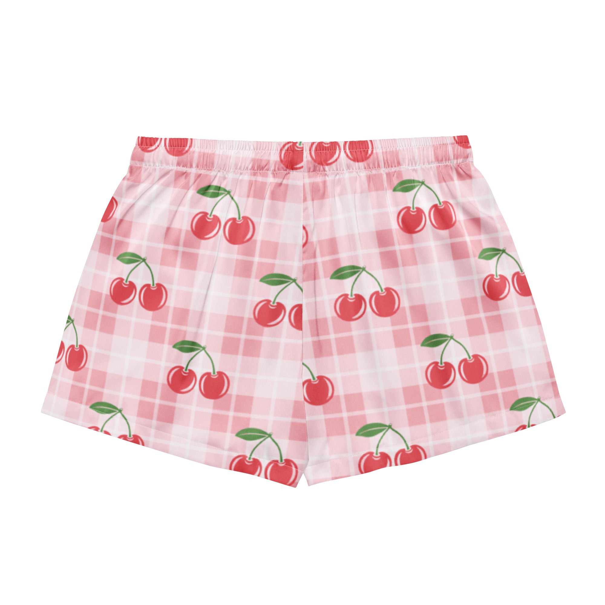 Women’s pink gingham silky pajama shorts with red cherry pattern lightweight relaxed fit and drawstring waist