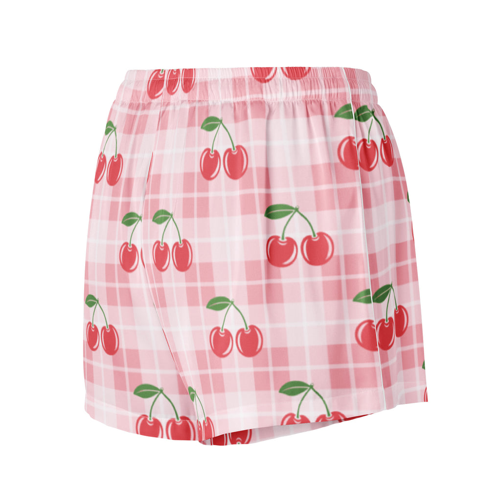Women’s pink gingham silky pajama shorts with lightweight relaxed fit drawstring waist and red cherry pattern
