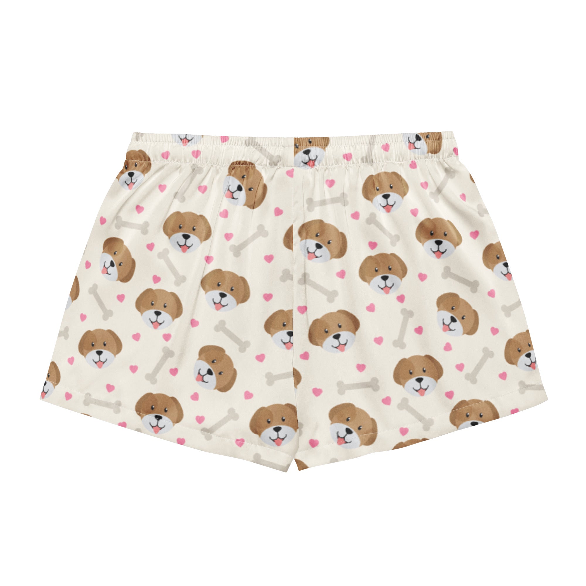 Cream-colored silky women’s pajama shorts with brown puppy faces pink hearts gray bones lightweight relaxed fit