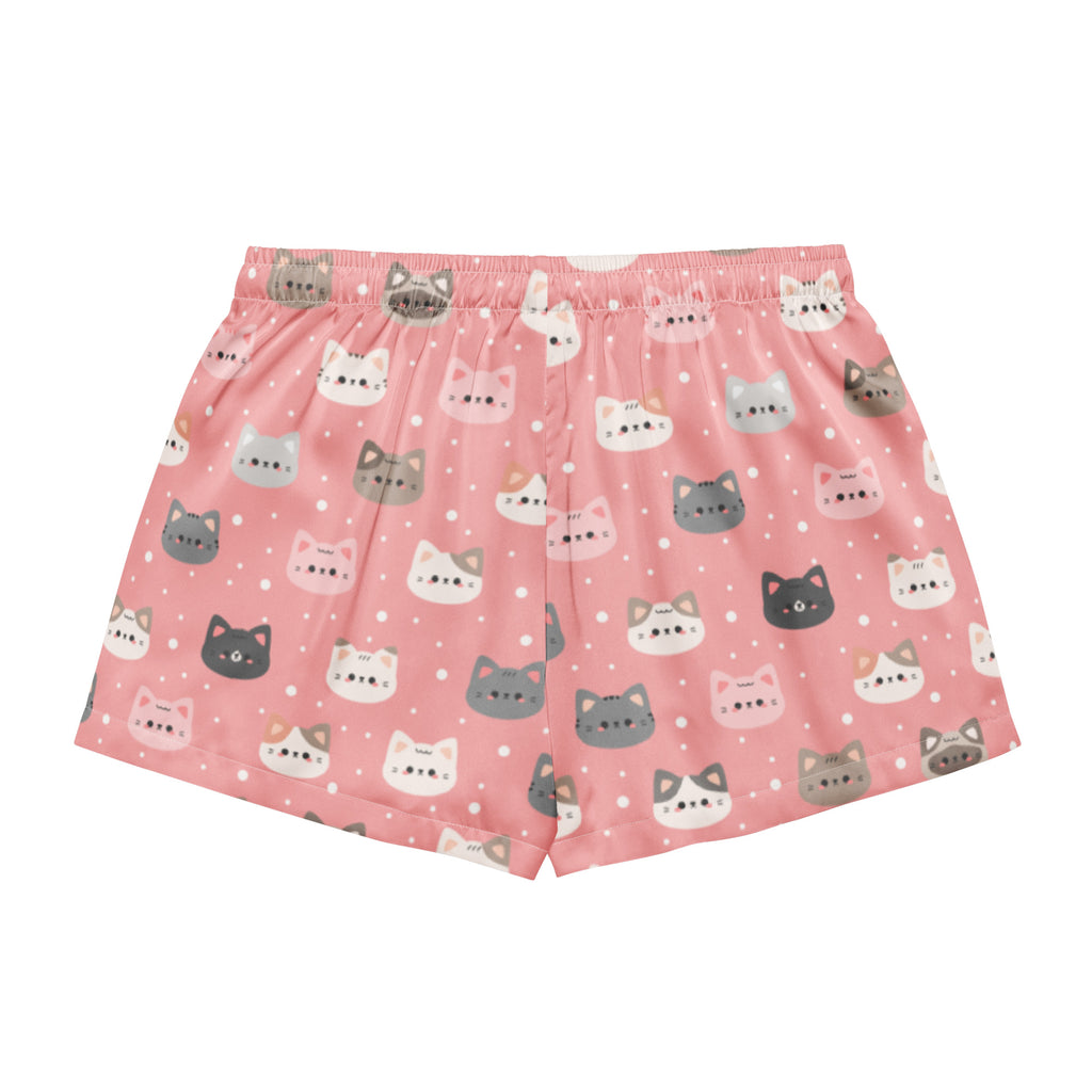 Women’s cute pink cat faces silky pajama shorts with soft elastic waistband and playful gray white and pink cartoon cats