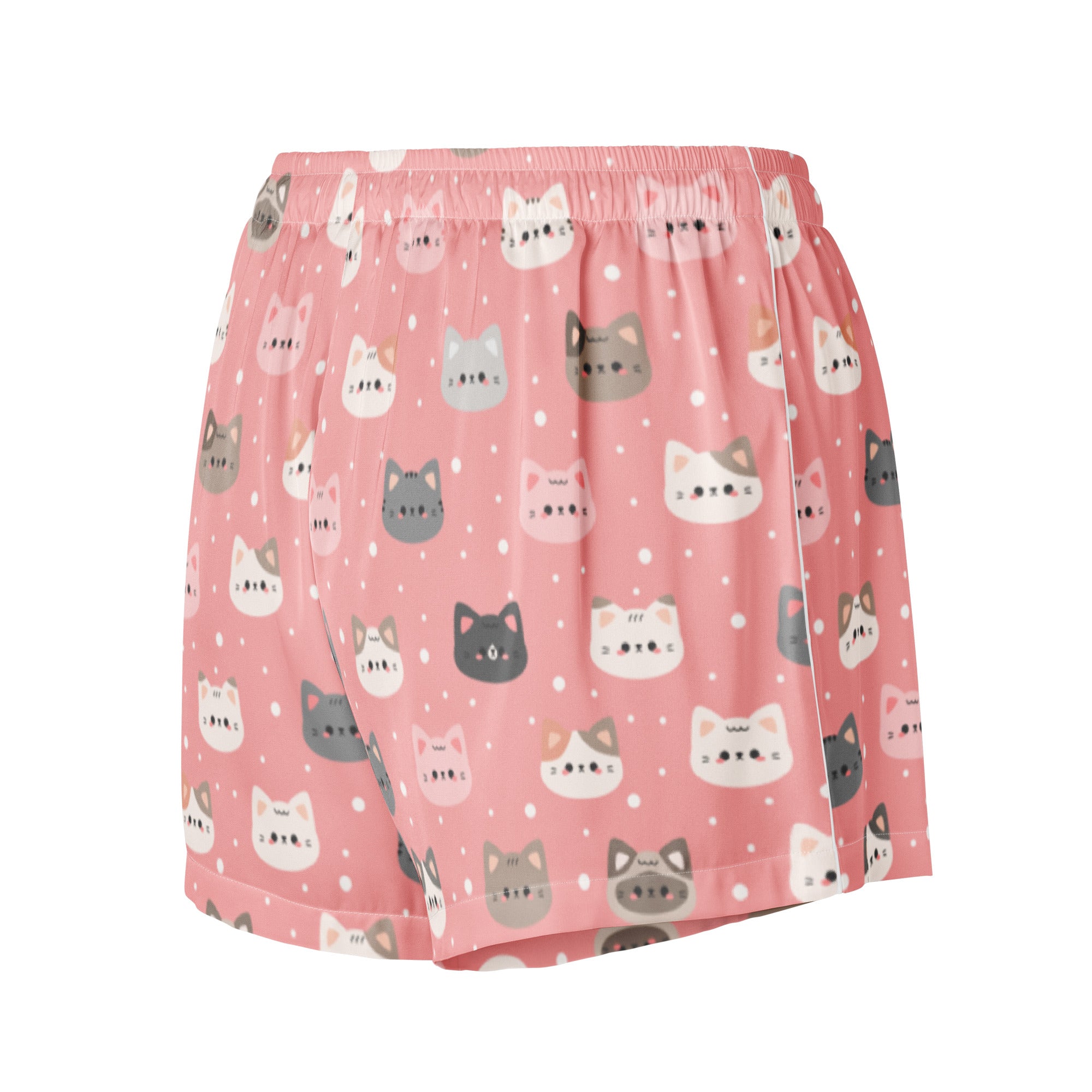 Women’s cute pink cat faces silky pajama shorts with playful gray white and pink cartoon cats on a polka dot background