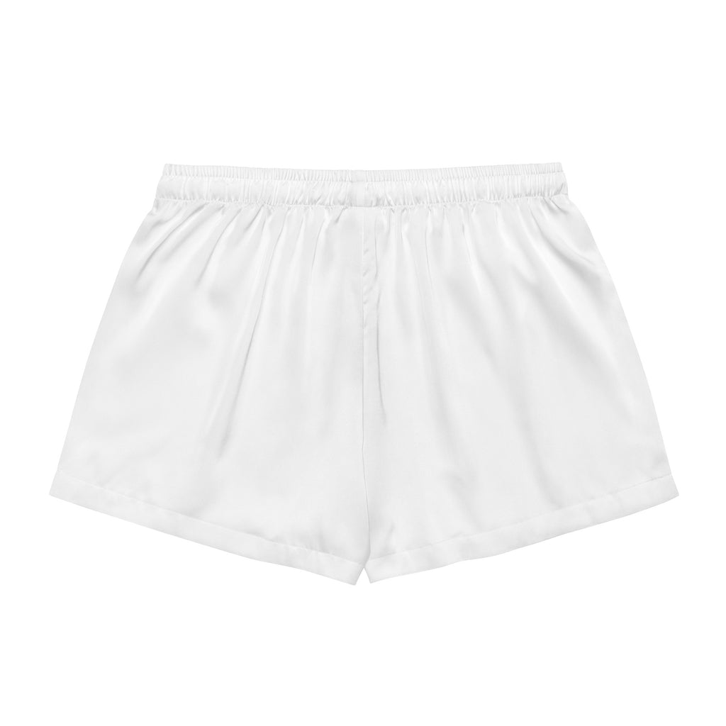 Women’s white silky pajama shorts in lightweight satin with elastic waistband for relaxed fit and comfort