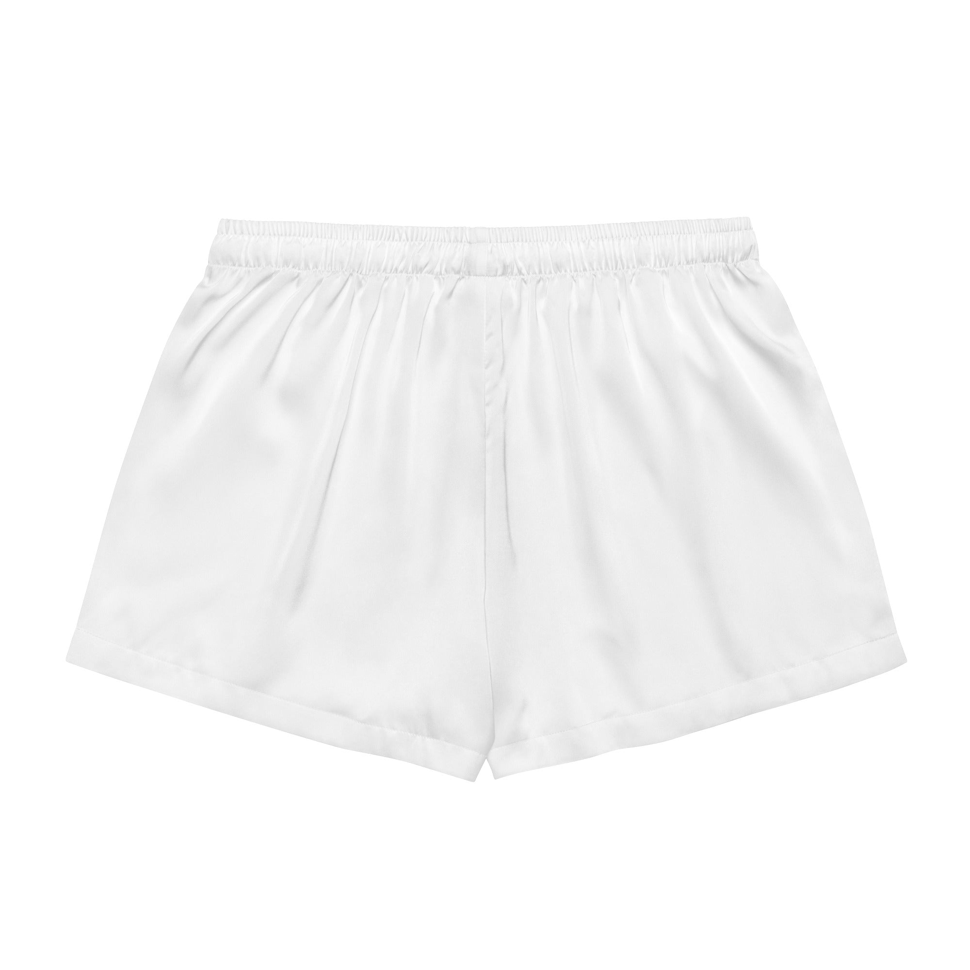 Women’s white silky pajama shorts in lightweight satin with elastic waistband for relaxed fit and comfort
