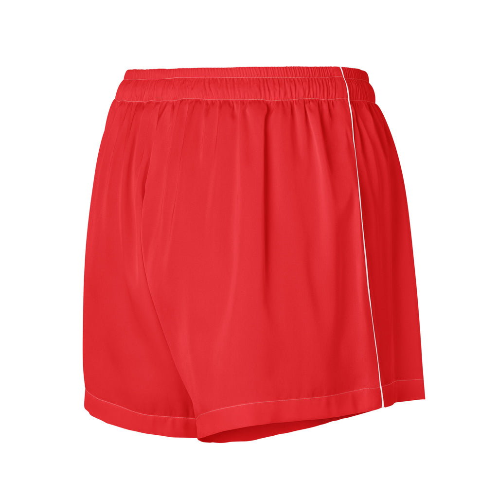Women’s red silky pajama shorts with white side stripe elastic waistband lightweight relaxed fit with drawstring waist