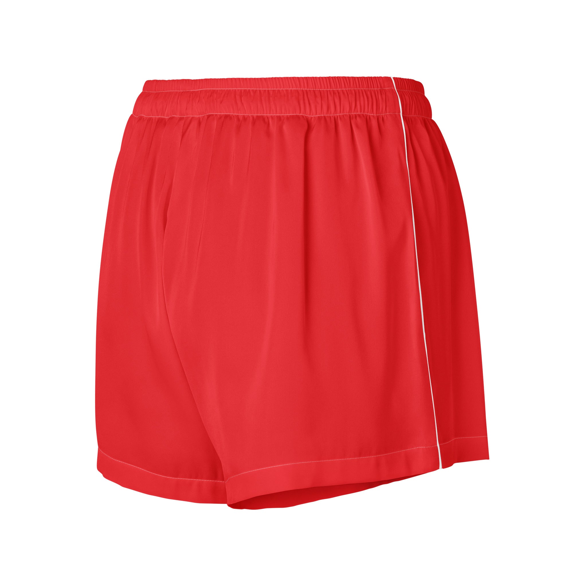 Women’s red silky pajama shorts with white side stripe elastic waistband lightweight relaxed fit with drawstring waist