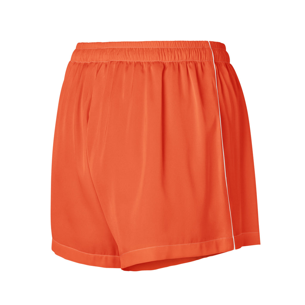 Women’s bright orange silky pajama shorts with white side stripe elastic waistband lightweight relaxed fit with drawstring waist