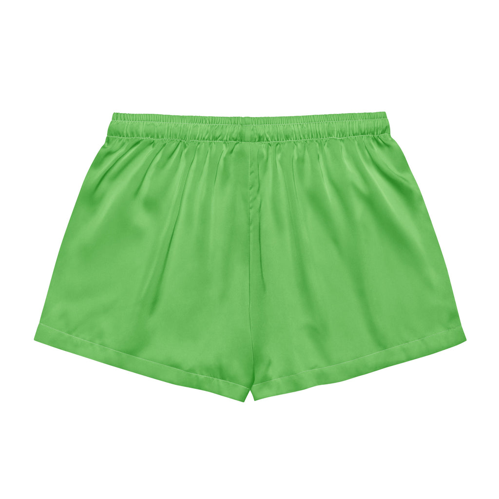 Women’s bright green satin pajama shorts with elastic waistband lightweight relaxed fit for comfortable sleepwear