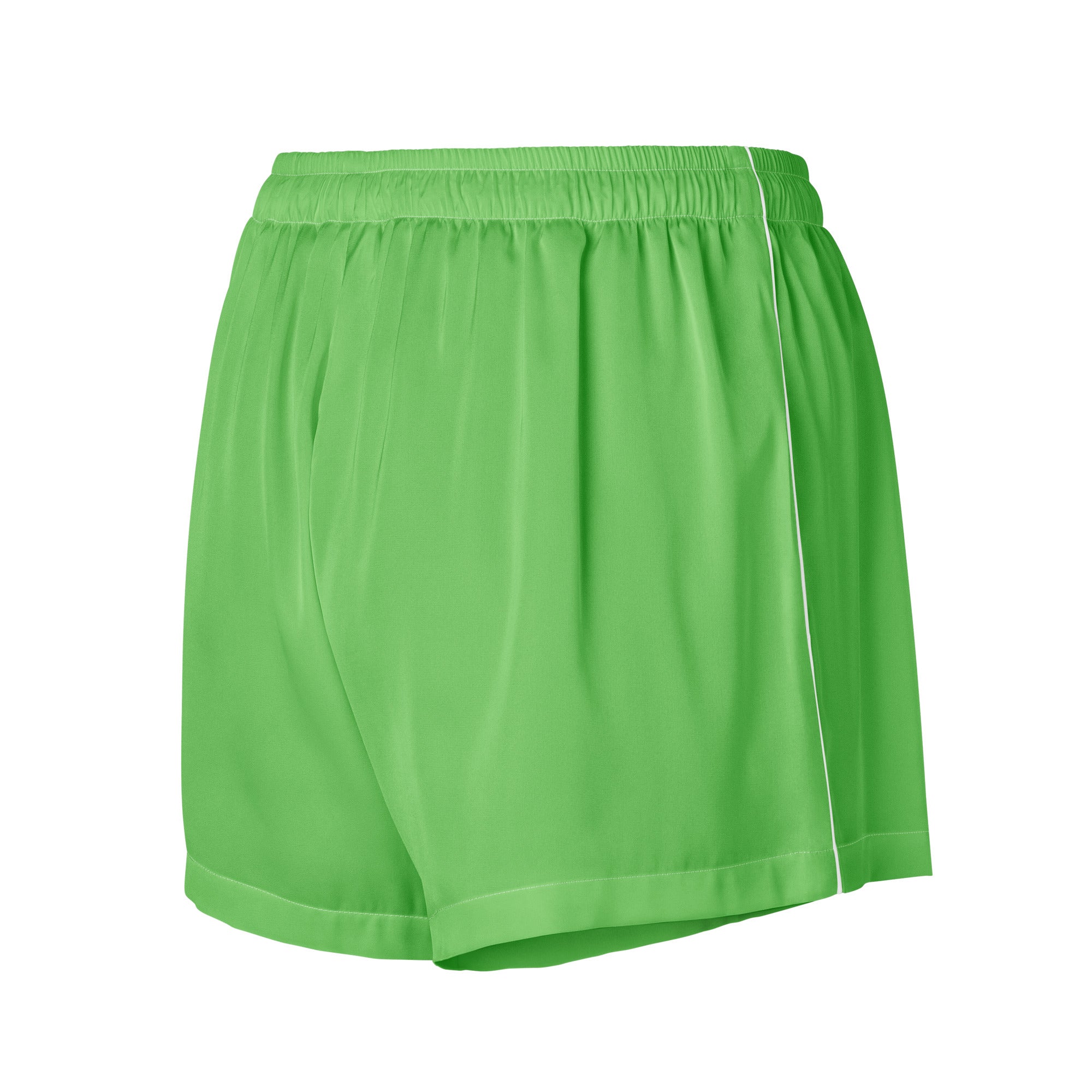 Women’s green silky pajama shorts with bright green elastic waistband and white side stripe for lightweight comfort