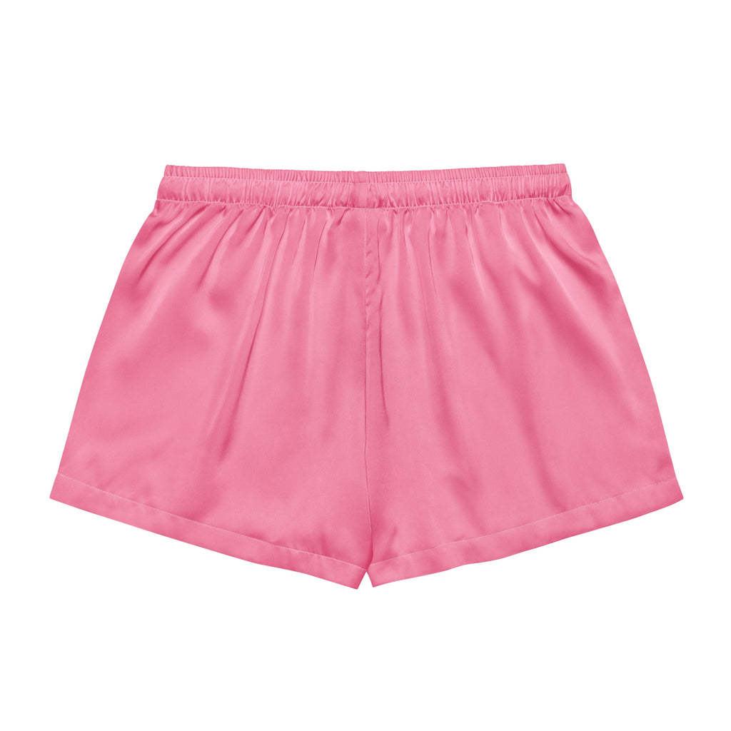 Women’s pink silky satin pajama shorts with elastic waistband lightweight relaxed fit for comfortable sleepwear