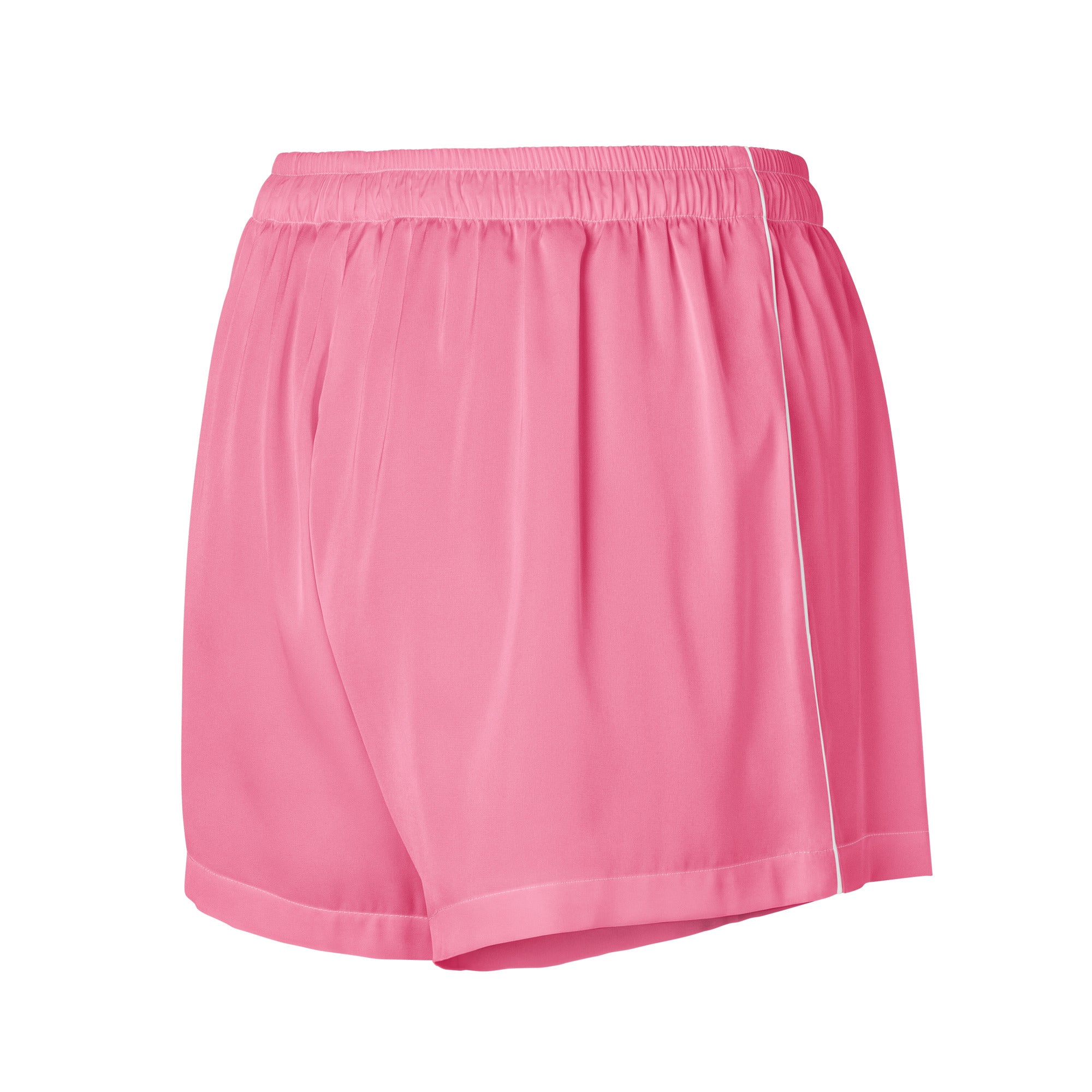 Women’s pink silky pajama shorts with white side stripe elastic waistband lightweight relaxed fit with drawstring waist