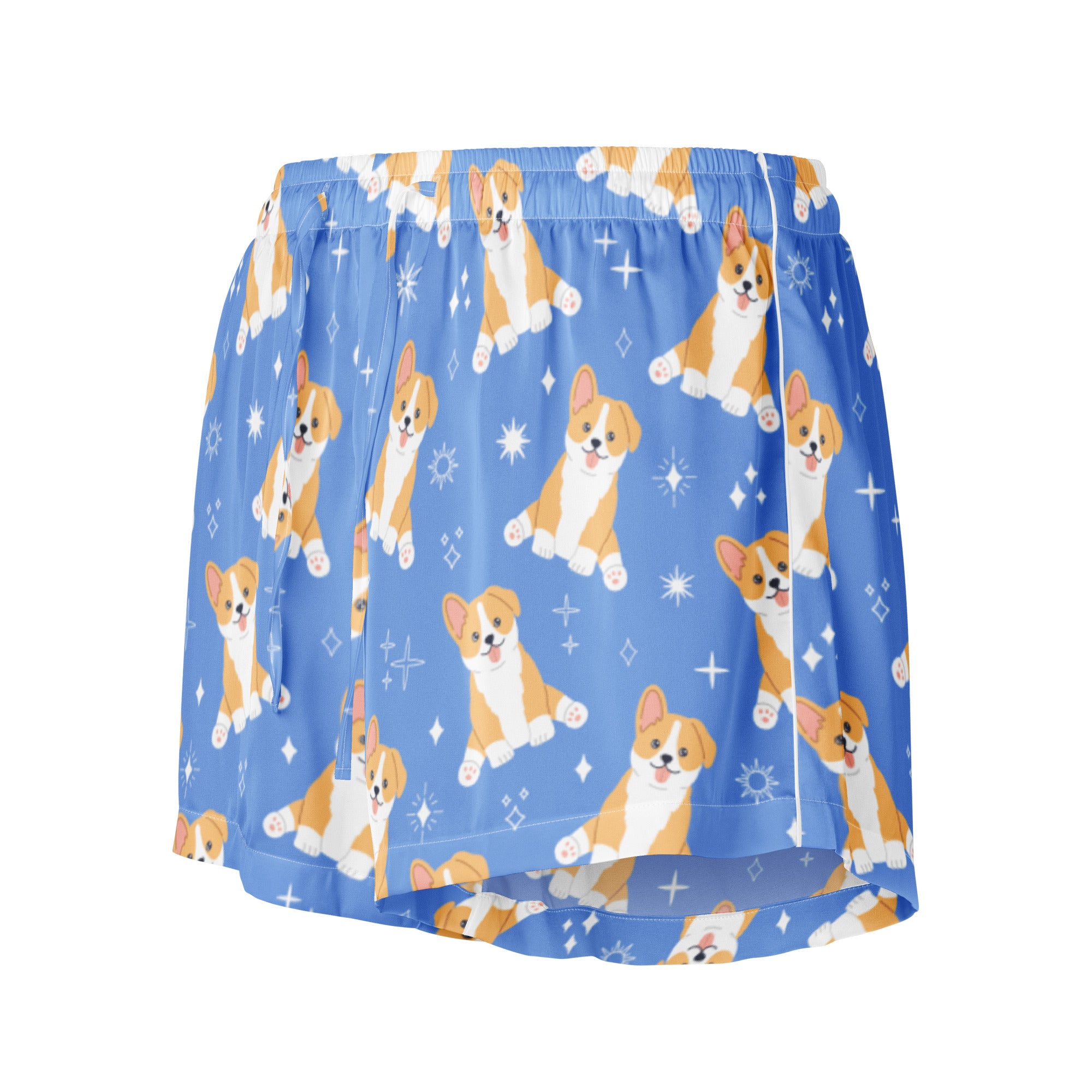 Women’s Blue Corgi Dog Silky Pajama Shorts – Lightweight Relaxed Fit with Drawstring Waist