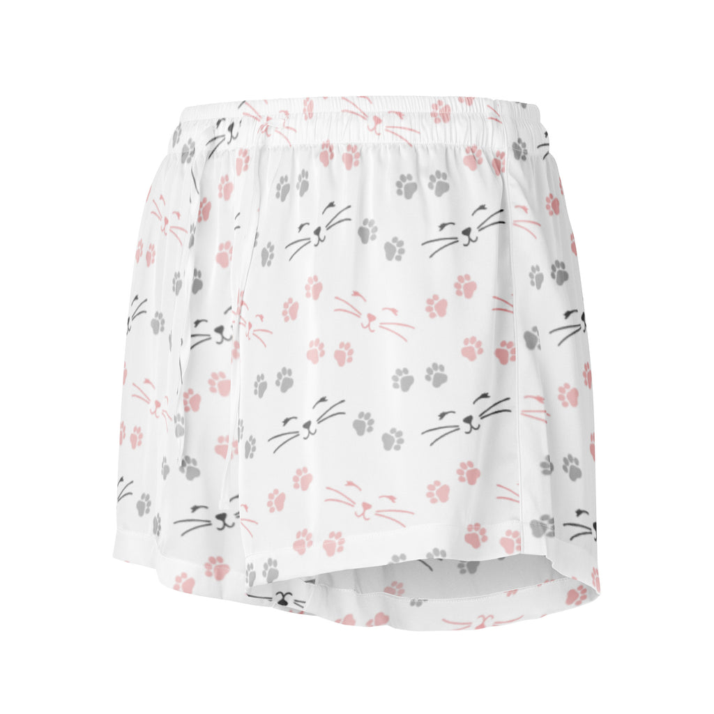 Women’s white silky pajama shorts with pink and gray cat face and paw print pattern lightweight relaxed fit with drawstring waist