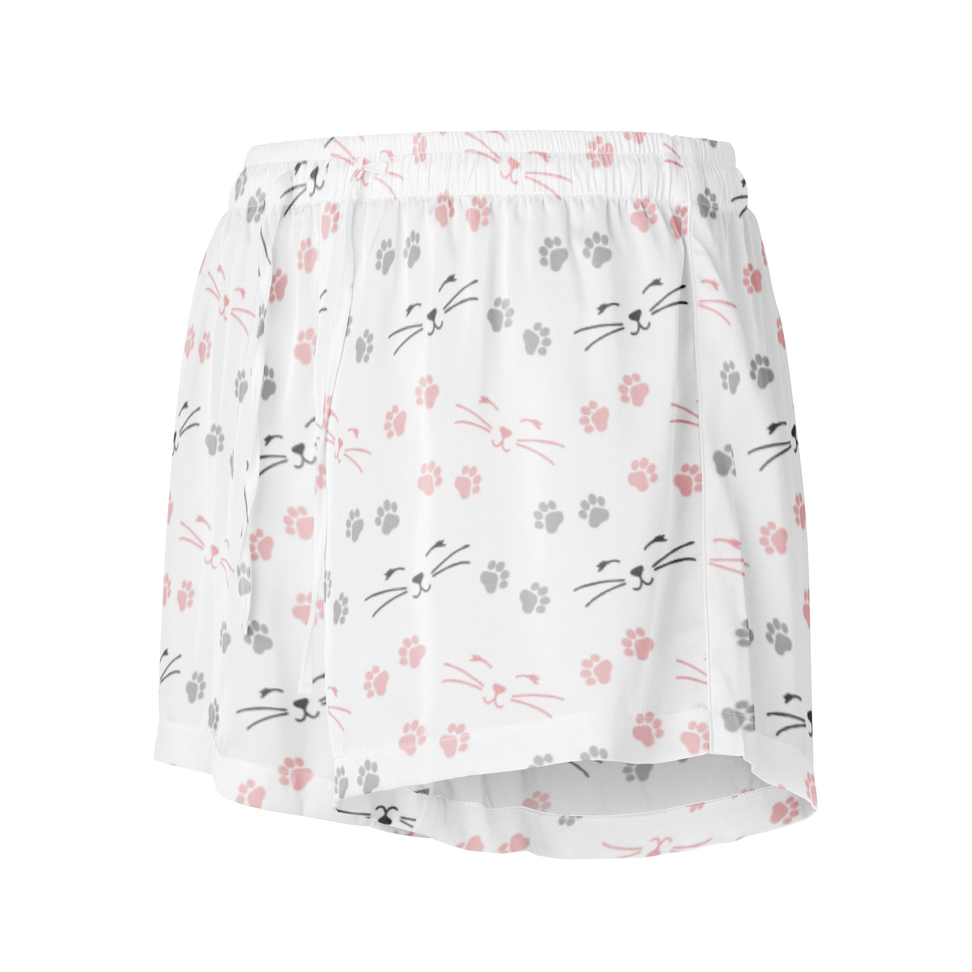 Women’s white silky pajama shorts with pink and gray cat face and paw print pattern lightweight relaxed fit with drawstring waist