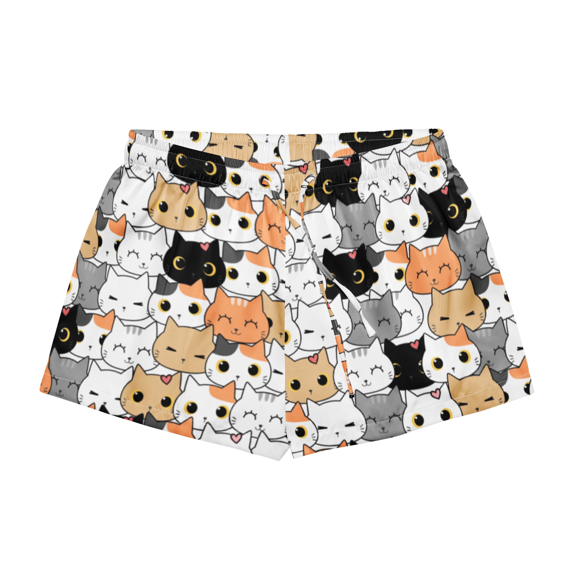 White silky pajama shorts with black white gray and orange cartoon cat faces and small hearts lightweight relaxed fit
