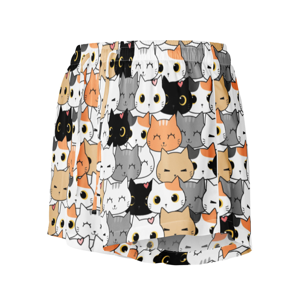 Women’s cat face silky pajama shorts in lightweight relaxed fit with drawstring waist and playful cartoon cat pattern