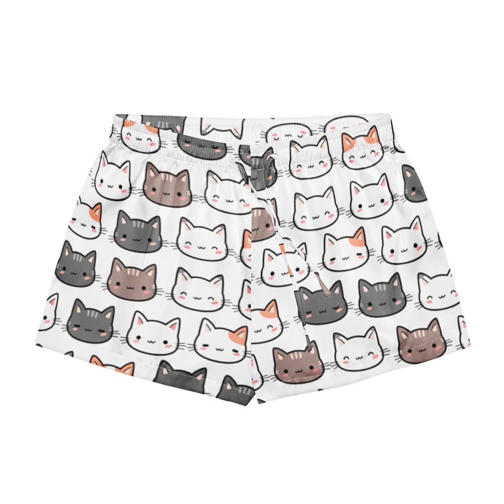 Women’s white silky pajama shorts with a playful multicolored cartoon cat pattern and lightweight relaxed fit with drawstring waist