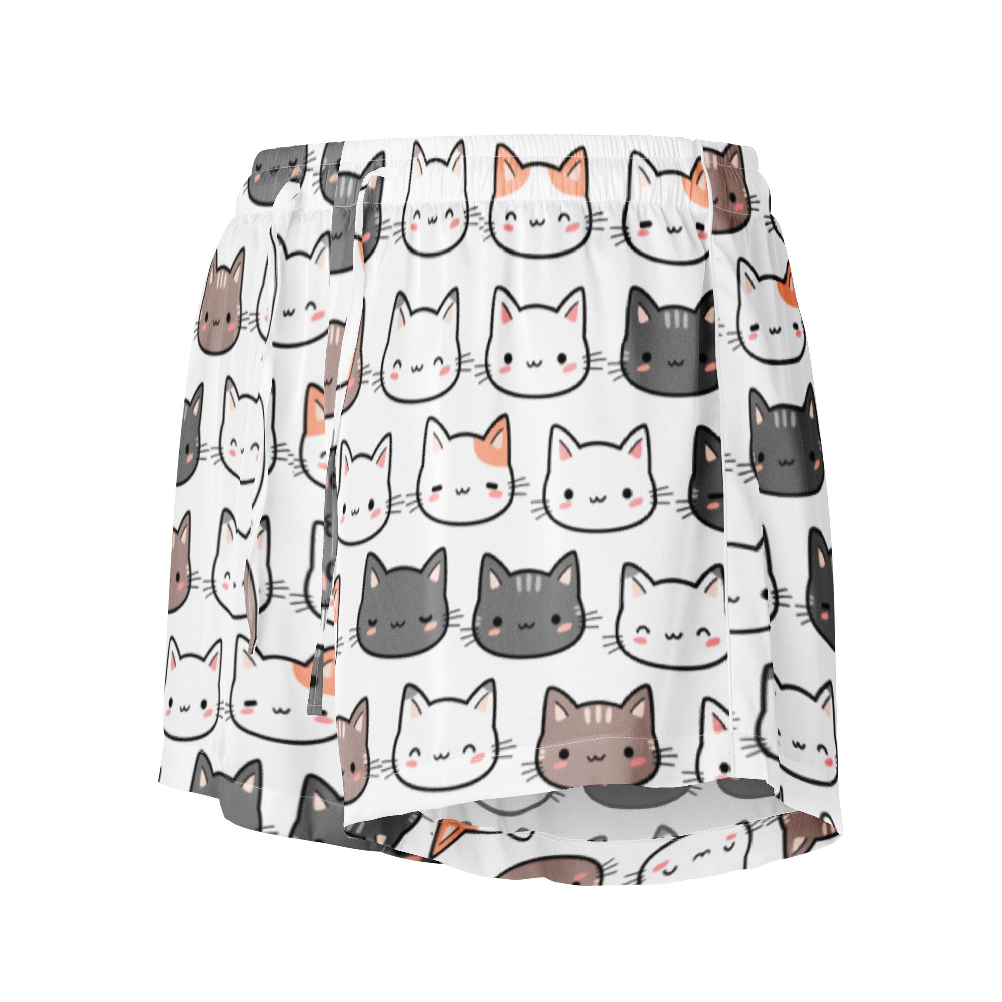 White silky women’s pajama shorts with playful gray white and orange cartoon cat faces lightweight relaxed fit