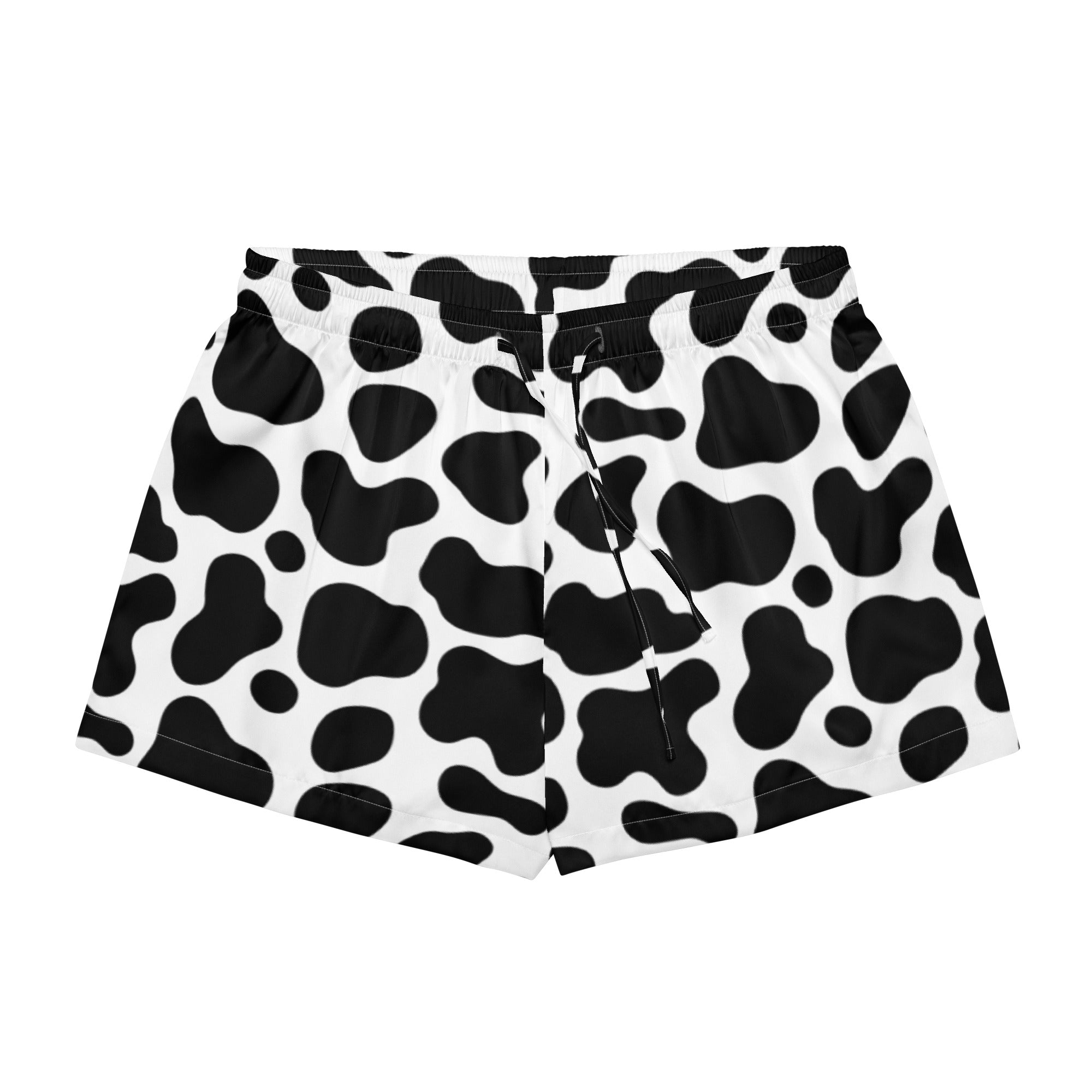 Women’s black and white cow print silky pajama shorts with lightweight relaxed fit and drawstring waistband