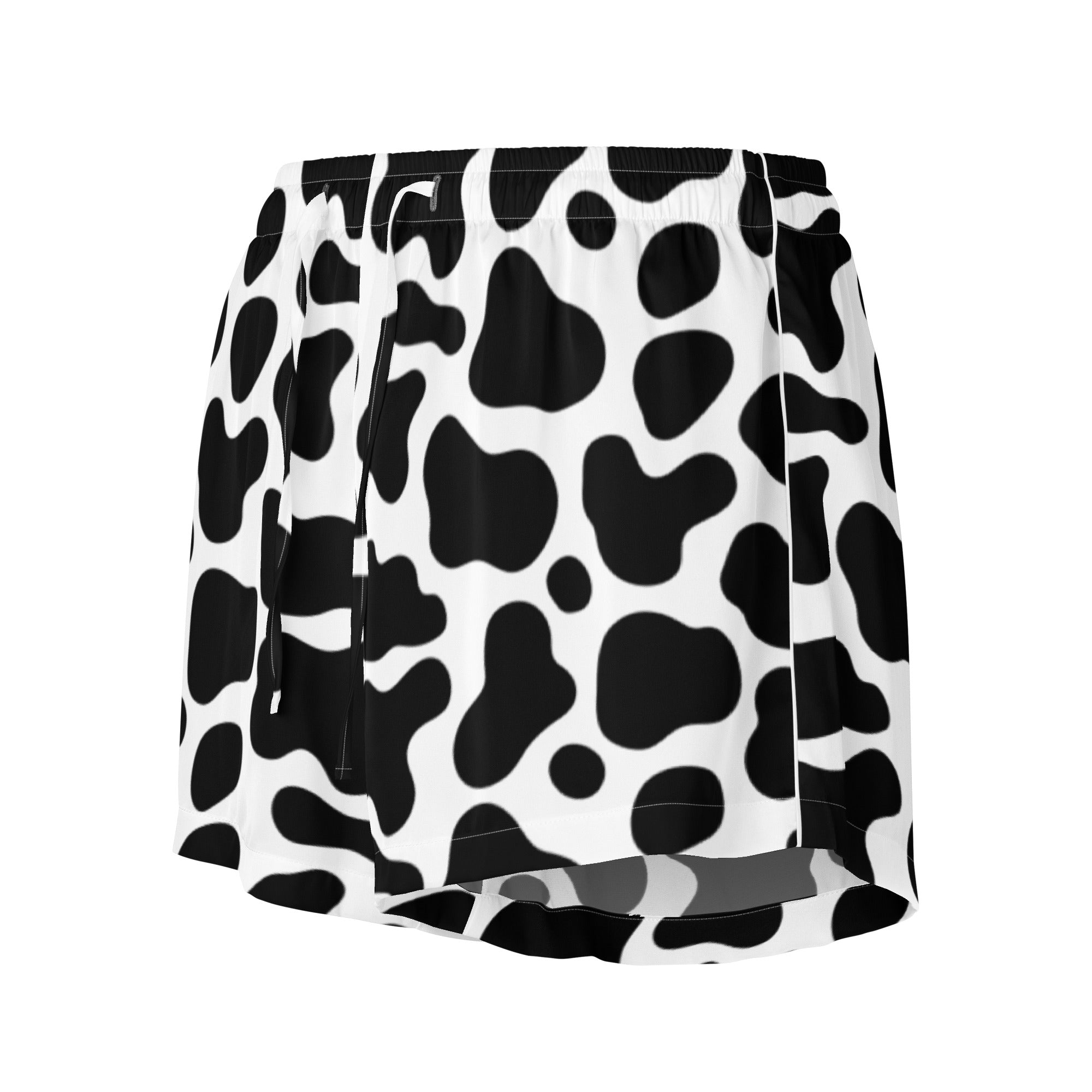 Women’s lightweight silky pajama shorts in black and white cow print with drawstring waistband and relaxed fit