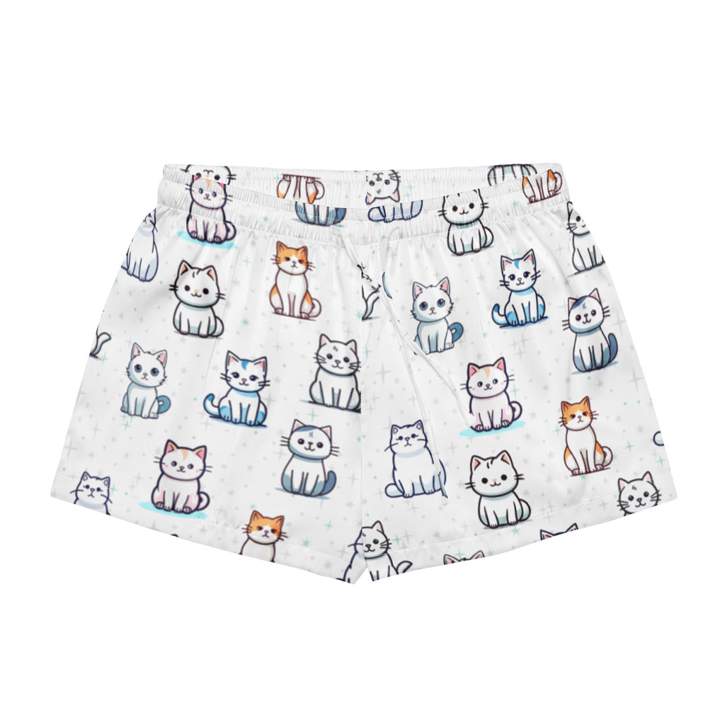 Women’s white silky pajama shorts with playful multicolored cartoon cat pattern and lightweight drawstring waist