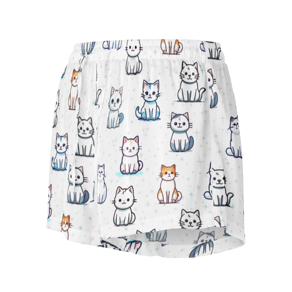 White women’s silky pajama shorts with colorful cartoon cat pattern lightweight relaxed fit and drawstring waist