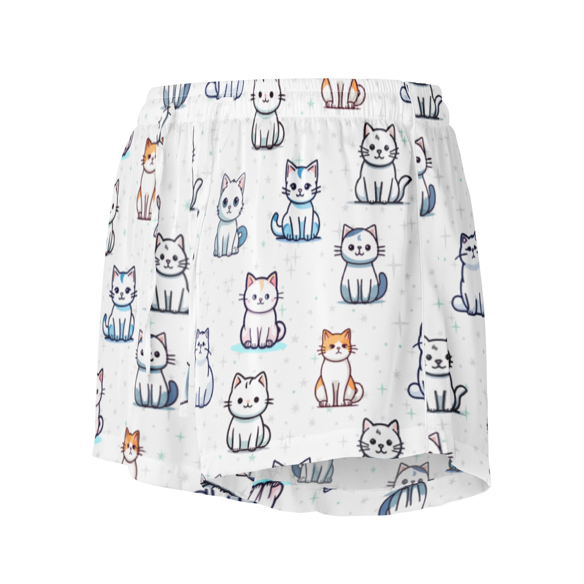 White women’s silky pajama shorts with colorful cartoon cat pattern lightweight relaxed fit and drawstring waist