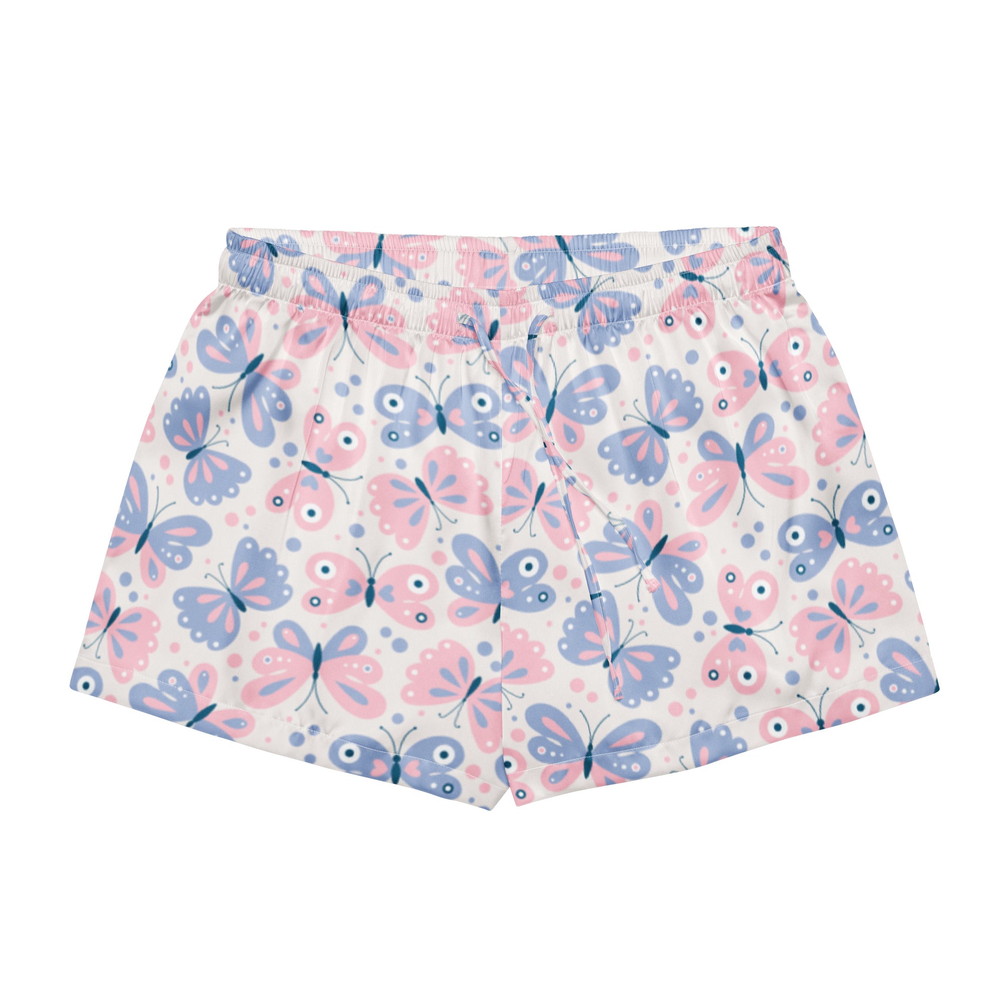 Women’s silky pajama shorts with pink and blue butterfly pattern elastic waistband lightweight relaxed fit
