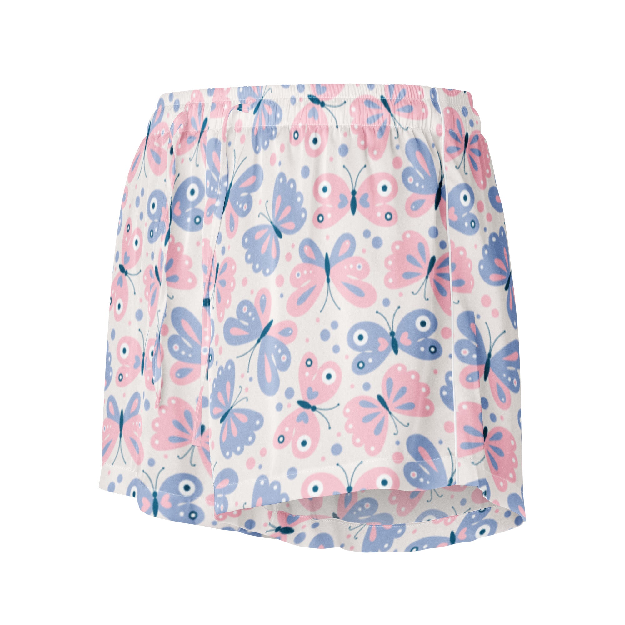 Women’s butterfly silky pajama shorts in soft pink and lavender with stretchy elastic waistband and lightweight relaxed fit
