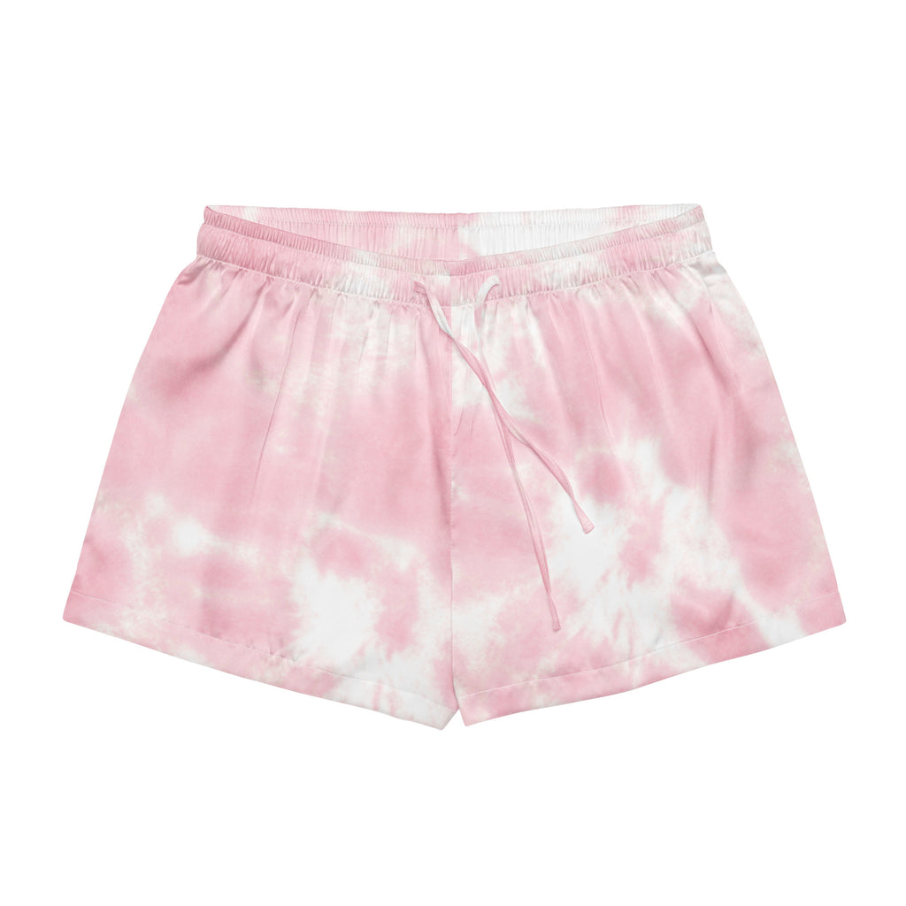Women pink and white tie dye silky pajama shorts with elastic waistband and drawstring for lightweight relaxed fit